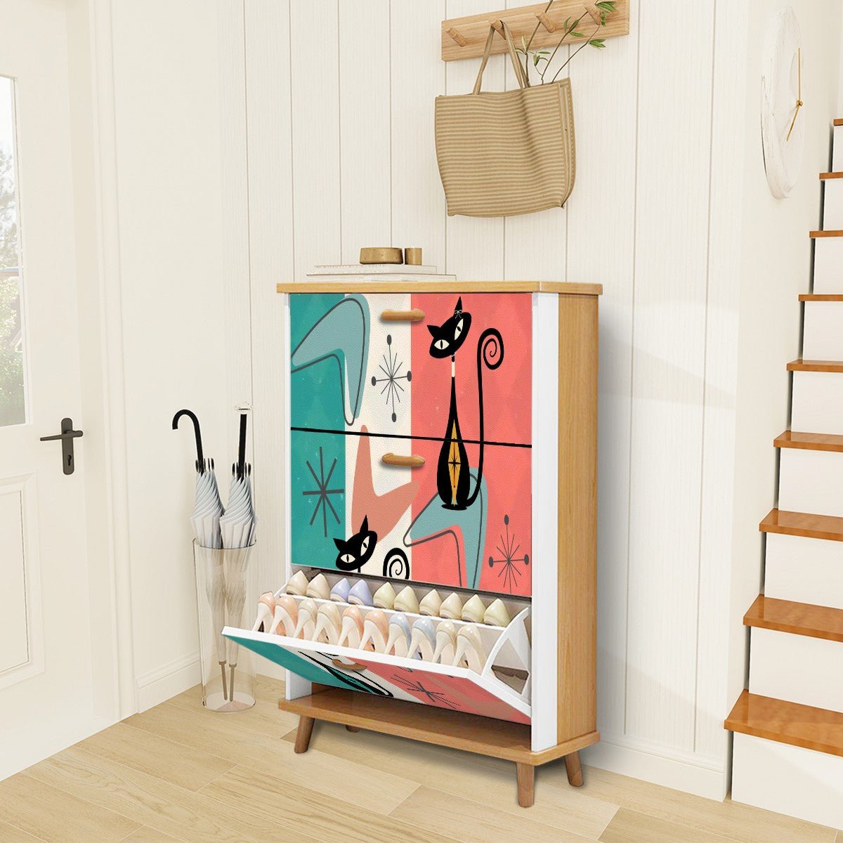 Kate McEnroe New York Atomic Kitschy Cat Shoe Organizer, Retro Mid Century Cabinet, Teal Coral Boomerang Starburst, Quirky MCM Storage UnitShoe StorageUQ5VoOLbHm