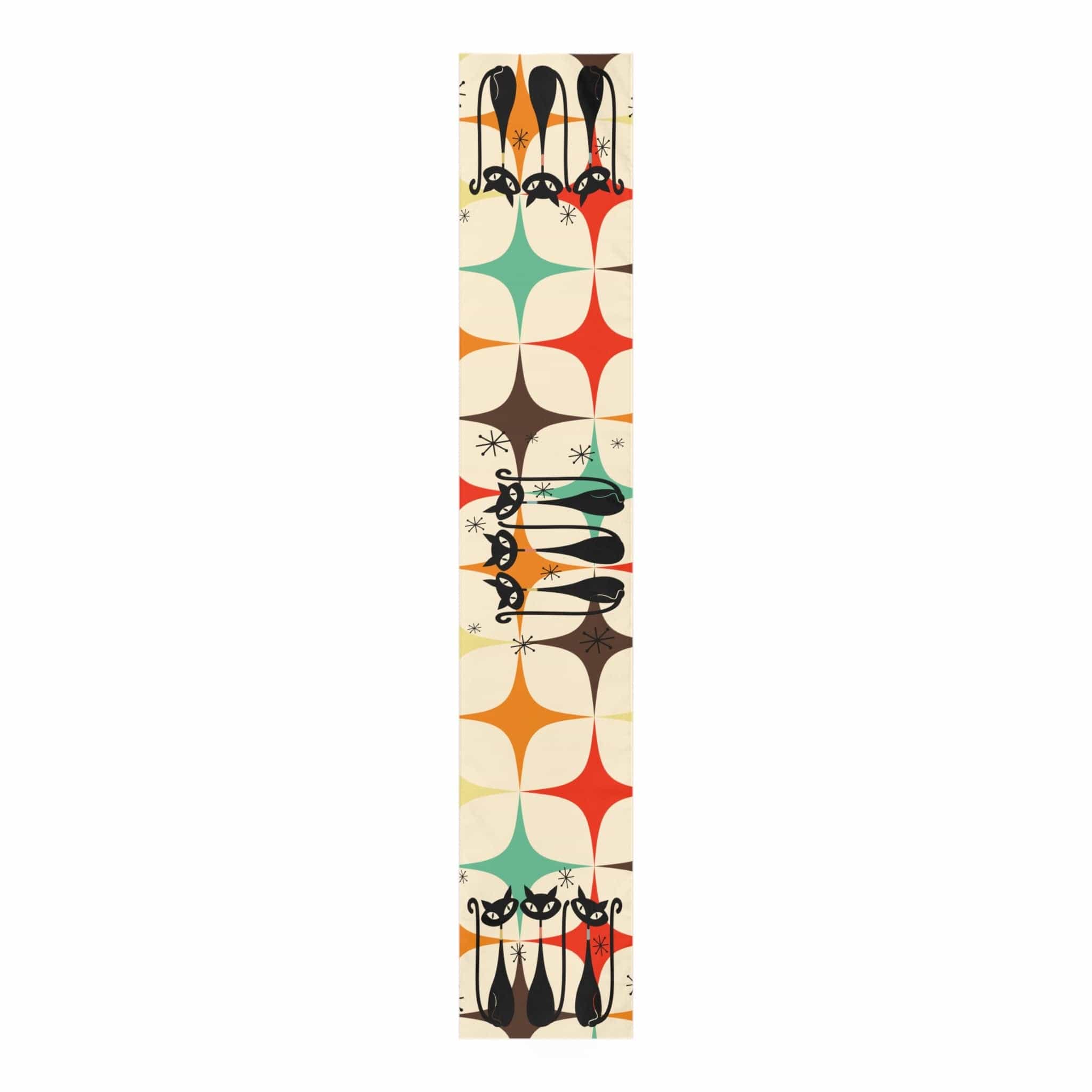 Kate McEnroe New York Atomic Kitschy Cat Table Runner, Mid Century Modern Retro Starburst in Aqua, Cream, Brown, Orange and Mustard Yellow Table DecorTable Runners54218902823181870744