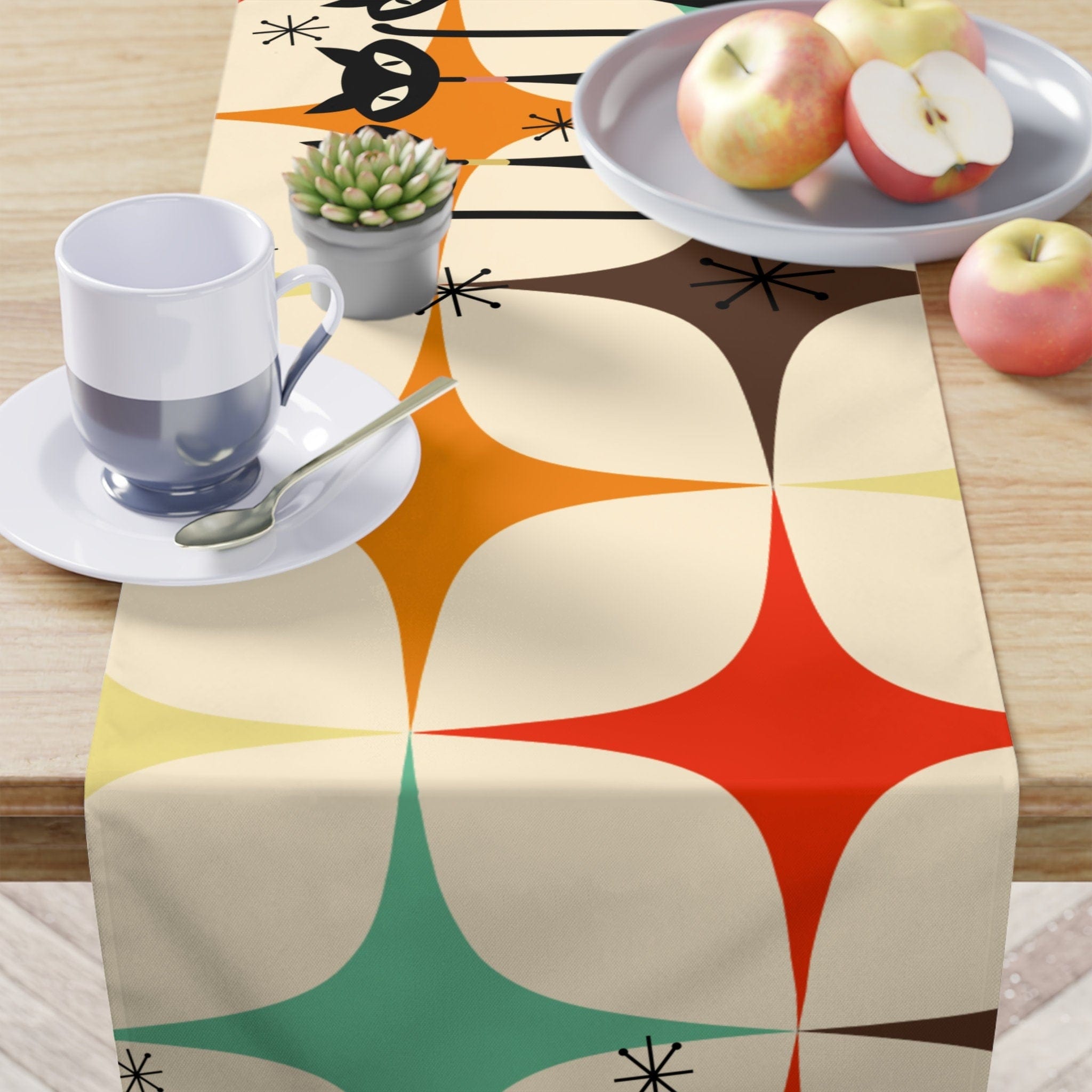 Kate McEnroe New York Atomic Kitschy Cat Table Runner, Mid Century Modern Retro Starburst in Aqua, Cream, Brown, Orange and Mustard Yellow Table DecorTable Runners54218902823181870744