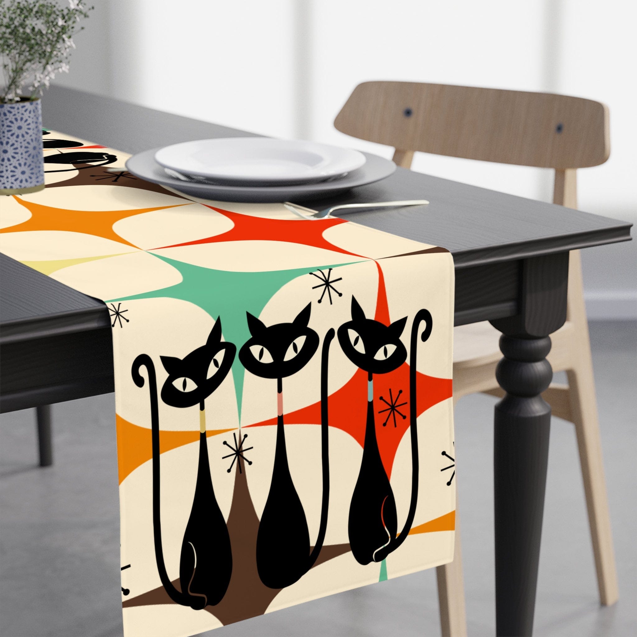 Kate McEnroe New York Atomic Kitschy Cat Table Runner, Mid Century Modern Retro Starburst in Aqua, Cream, Brown, Orange and Mustard Yellow Table DecorTable Runners54218902823181870744