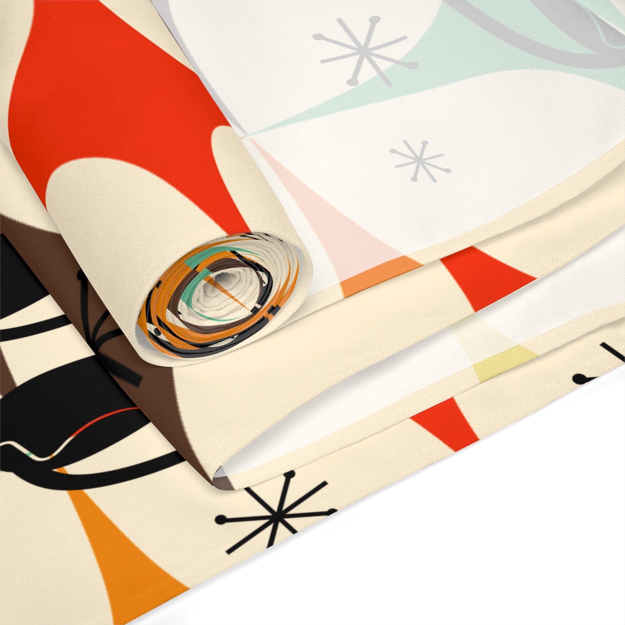 Kate McEnroe New York Atomic Kitschy Cat Table Runner, Mid Century Modern Retro Starburst in Aqua, Cream, Brown, Orange and Mustard Yellow Table DecorTable Runners54218902823181870744