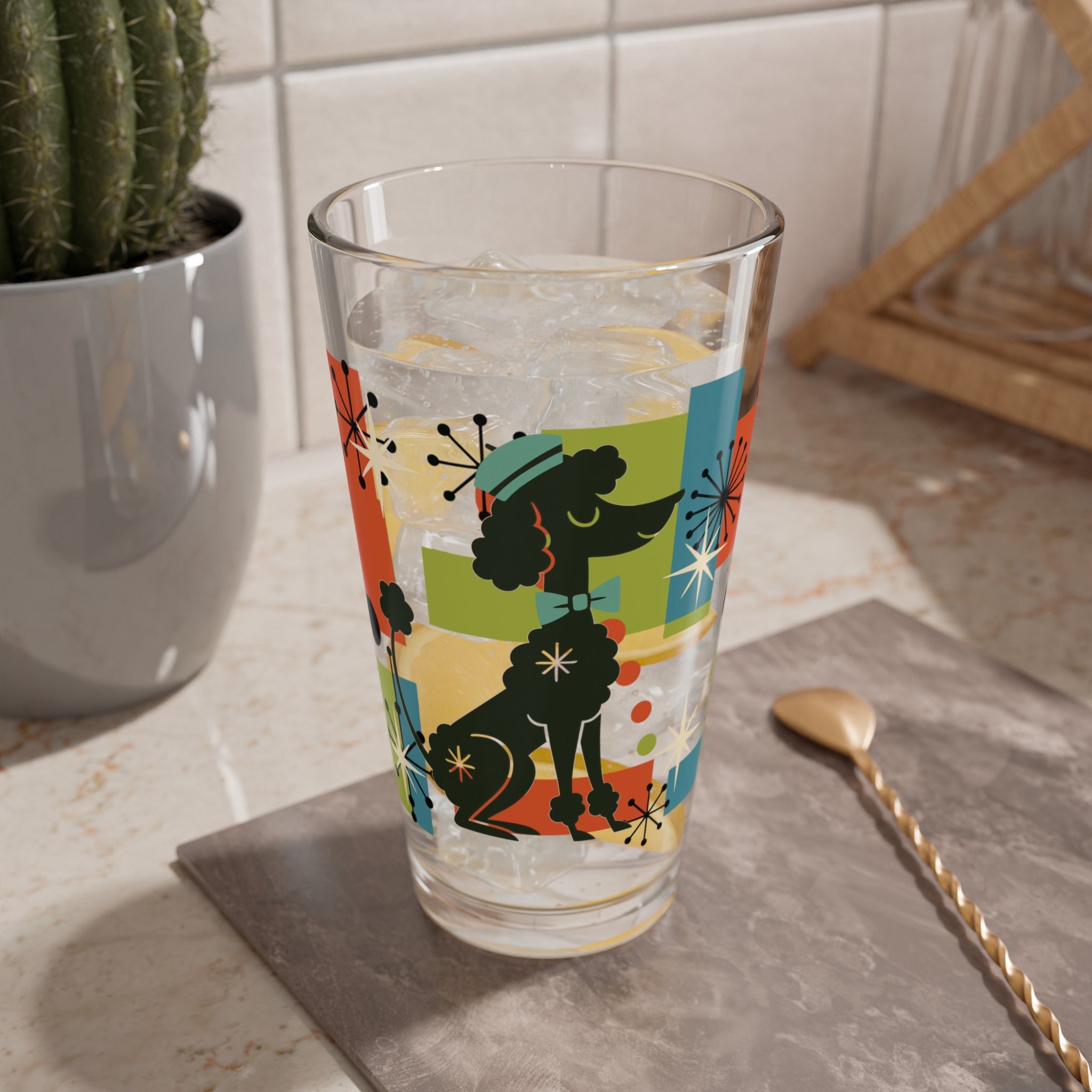 Kate McEnroe New York Atomic Kitschy Poodle Cocktail Barware, 50s Mid Century Modern Retro Pint Glass, MCM Starburst Mod Dog DrinkwarePint Glasses79011372823341542105