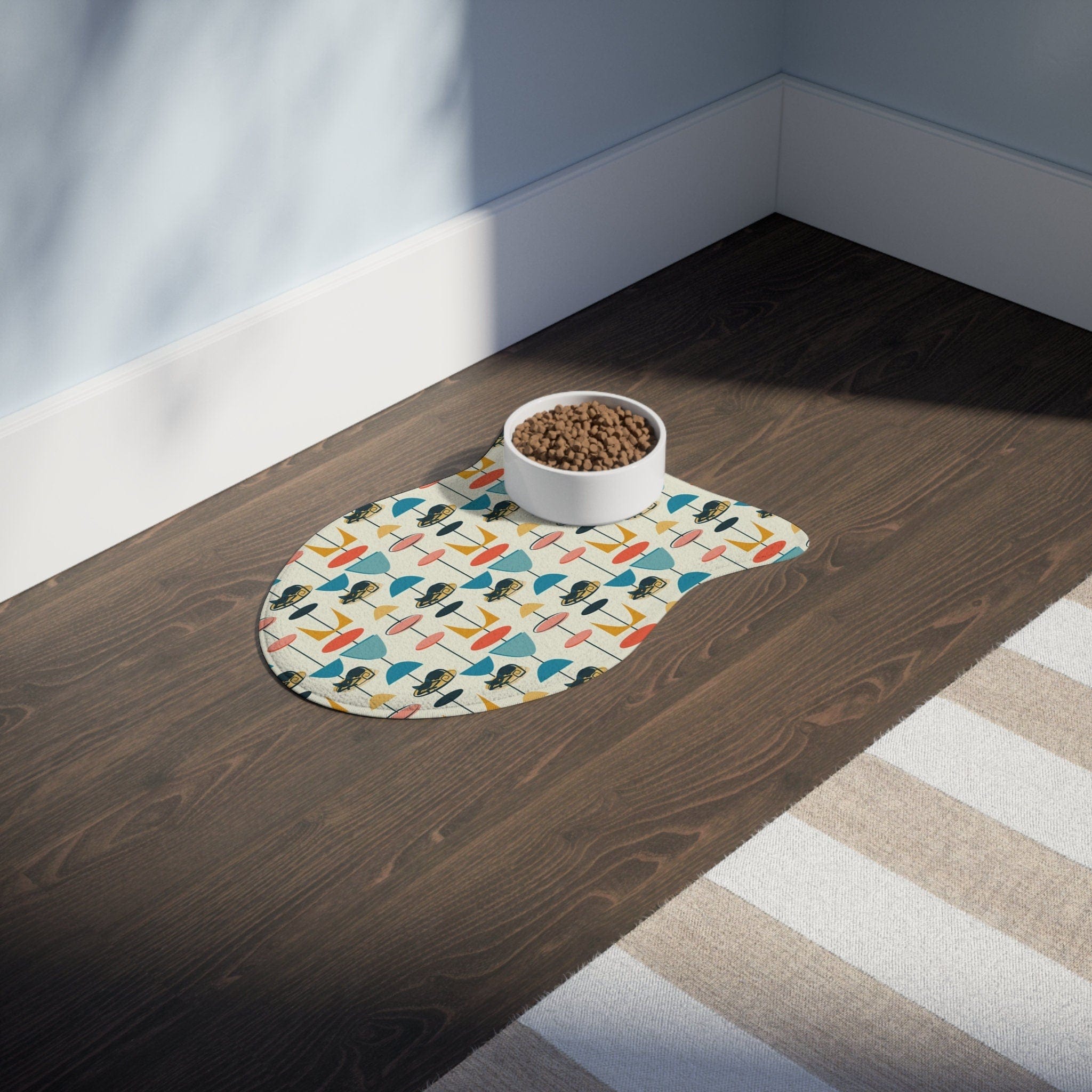 Kate McEnroe New York Atomic Kitties Fish Shaped Pet Feeding Mats, Retro Vintage Mid Century Modern Non - Slip, Highly Absorbent Pads, Cat Lovers Gift - 127981923Pet Feeding Mats59380571562898472429
