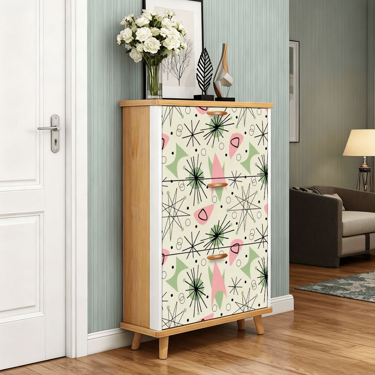 Kate McEnroe New York Atomic Mid Century Modern Shoe Cabinet, Retro Geometric Entryway Organizer, MCM Starburst Storage UnitShoe Storage2FeY50oceC