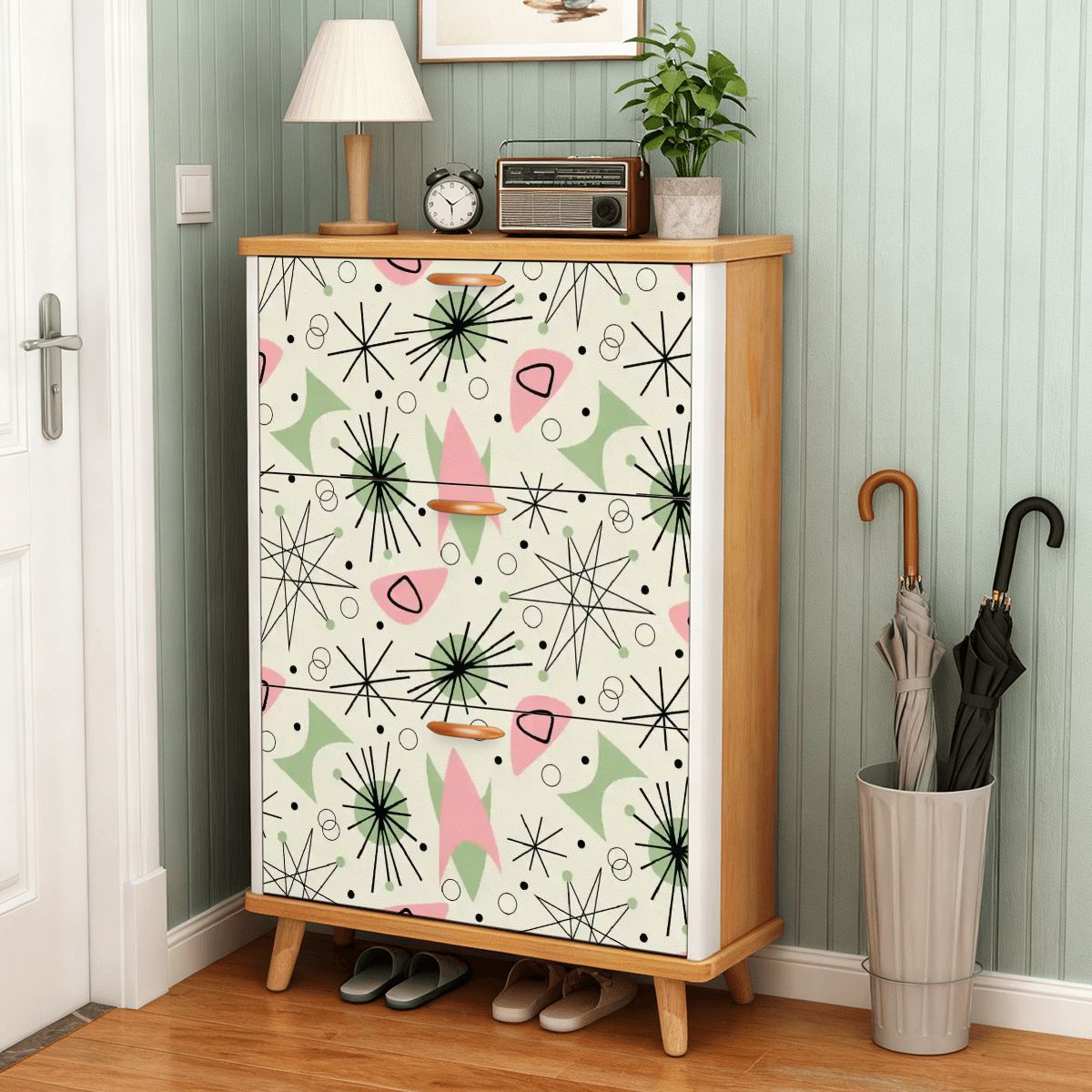 Kate McEnroe New York Atomic Mid Century Modern Shoe Cabinet, Retro Geometric Entryway Organizer, MCM Starburst Storage UnitShoe Storage2FeY50oceC