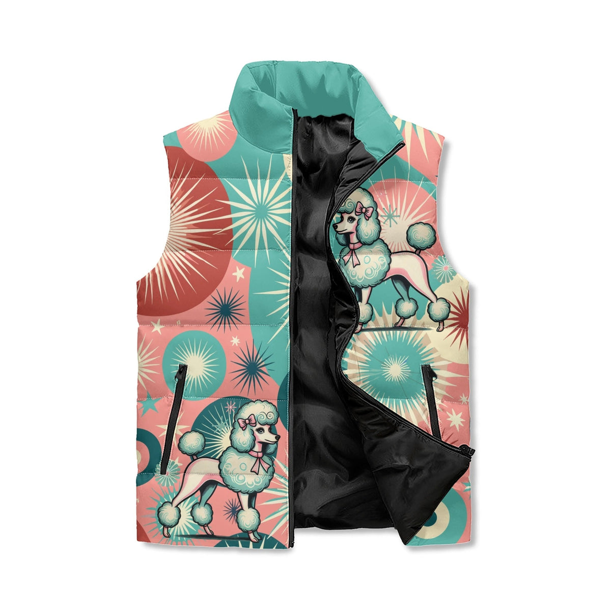 Kate McEnroe New York Atomic Poodle Puffer Vest, Mid Century Modern Retro Starburst Teal OuterwearPuffer VestsW1KV1R9N - 1