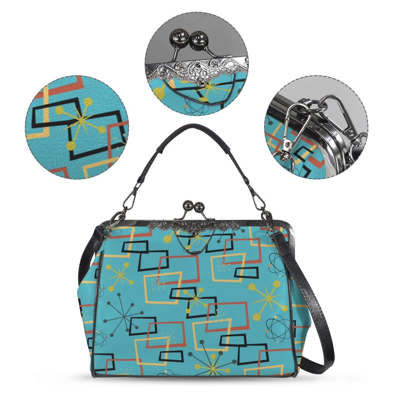 Kate McEnroe New York Atomic Starburst Kiss Lock Handbag Mid Century Modern Turquoise PurseCrossbody BagsD3270088