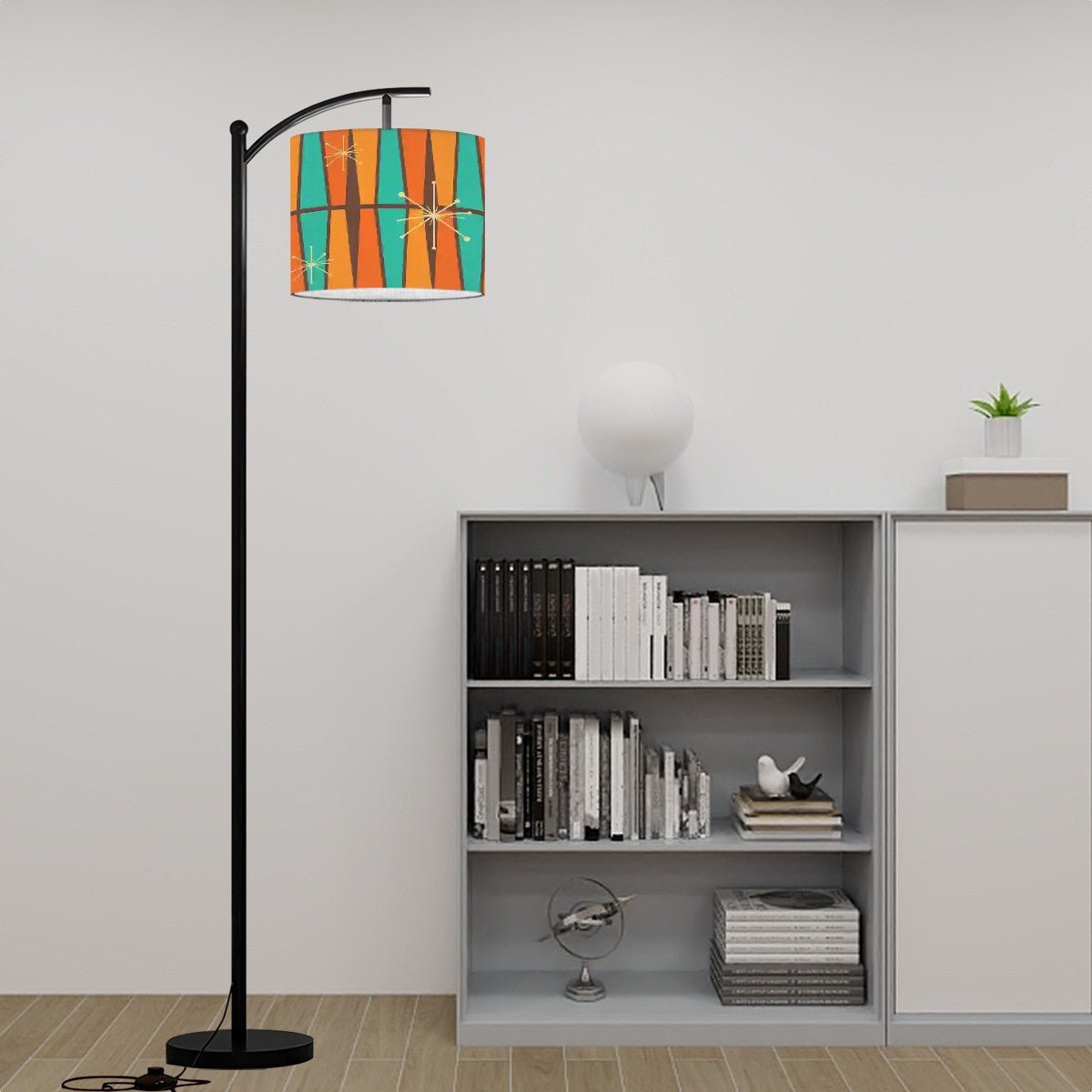 Kate McEnroe New York Atomic Starburst Mid Century Modern Floor Lamp, Retro 50s Arc Lamp, Vintage Orange Teal Geometric Shade Accent LightingFloor LampsCXWtoKsSVO