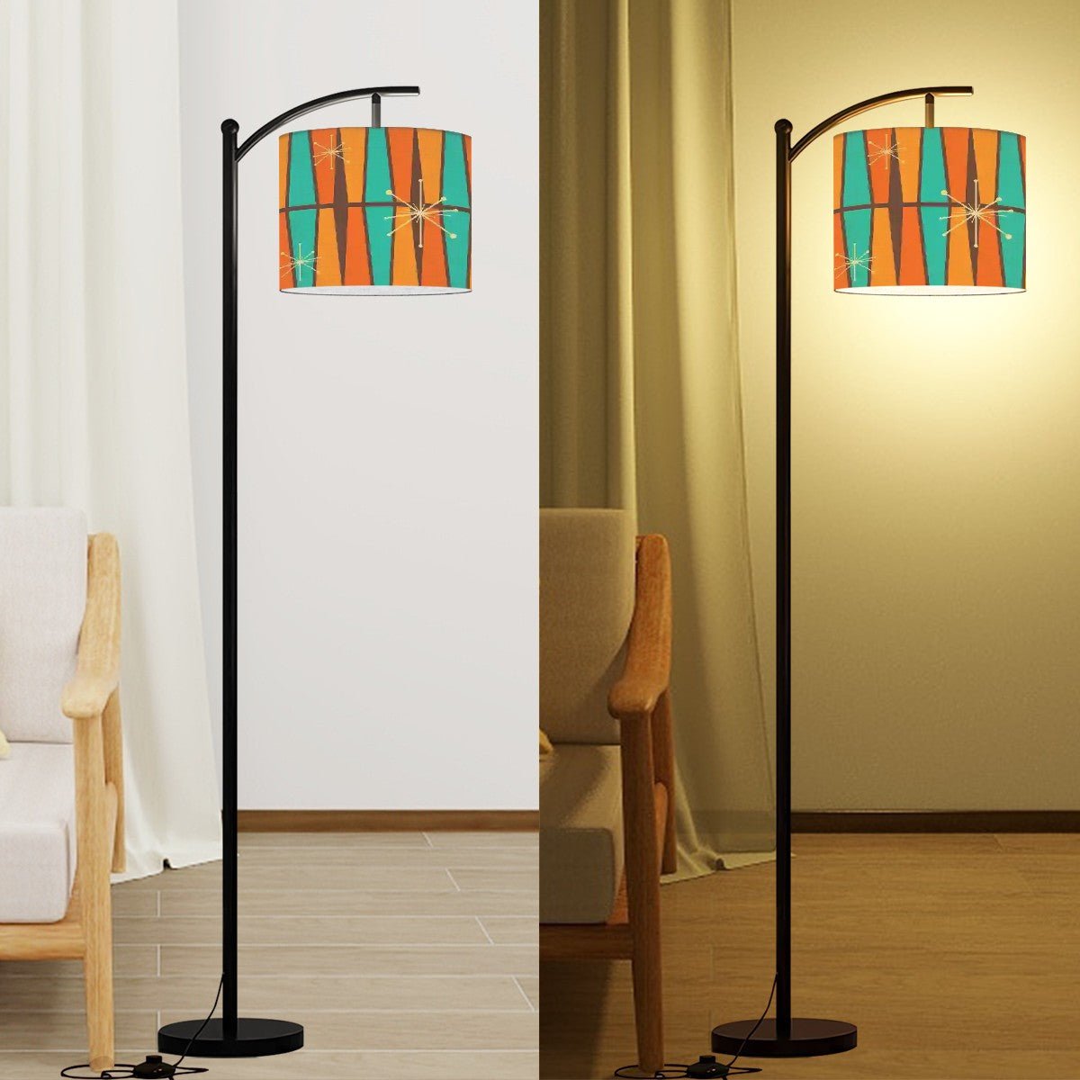 Kate McEnroe New York Atomic Starburst Mid Century Modern Floor Lamp, Retro 50s Arc Lamp, Vintage Orange Teal Geometric Shade Accent LightingFloor LampsCXWtoKsSVO