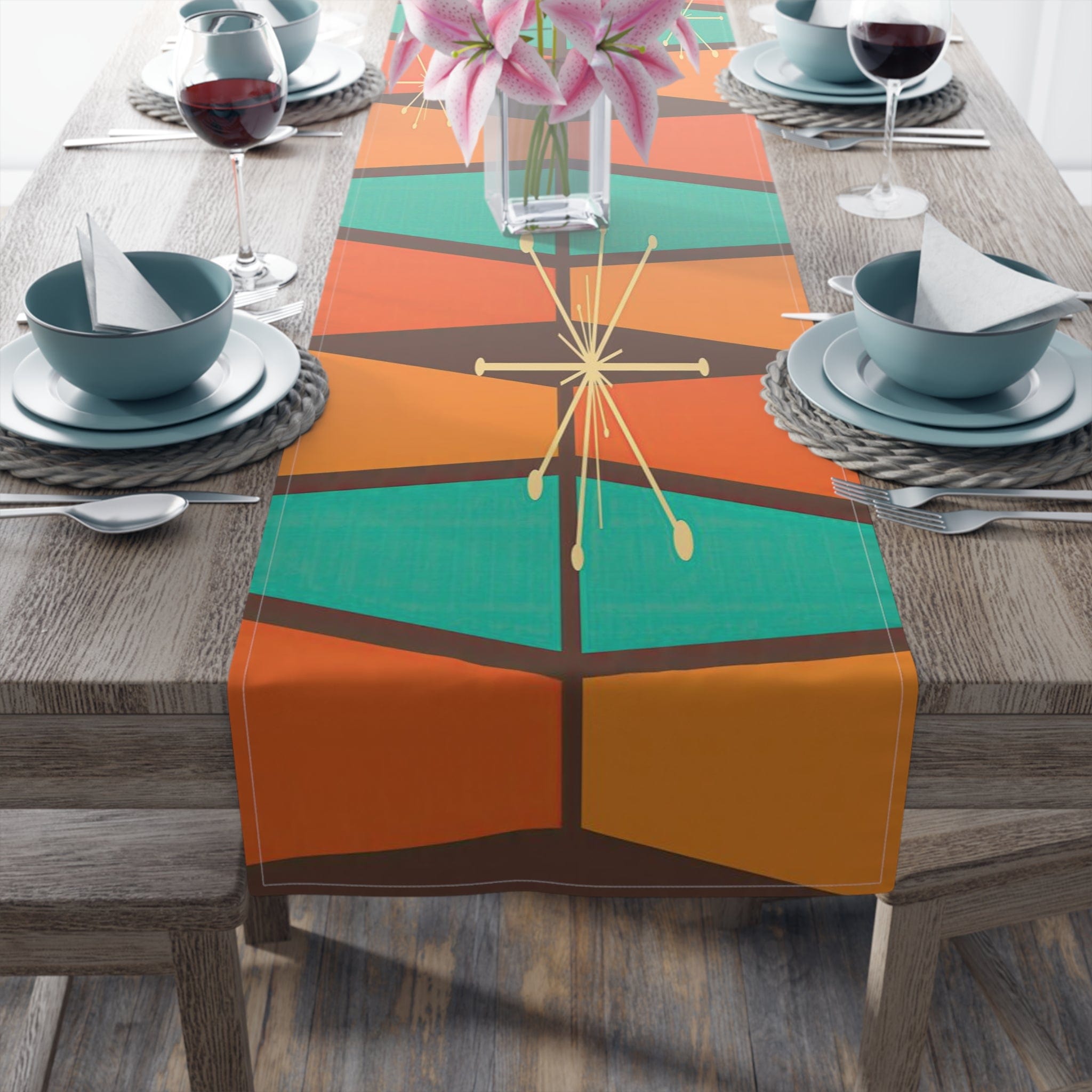 Kate McEnroe New York Atomic Starburst Mid Century Modern Table Runner, Retro 50s Vintage Style Burnt Orange, Teal, Mustard Yellow Geometric Abstract Table LinensTable Runners18602906657079395183