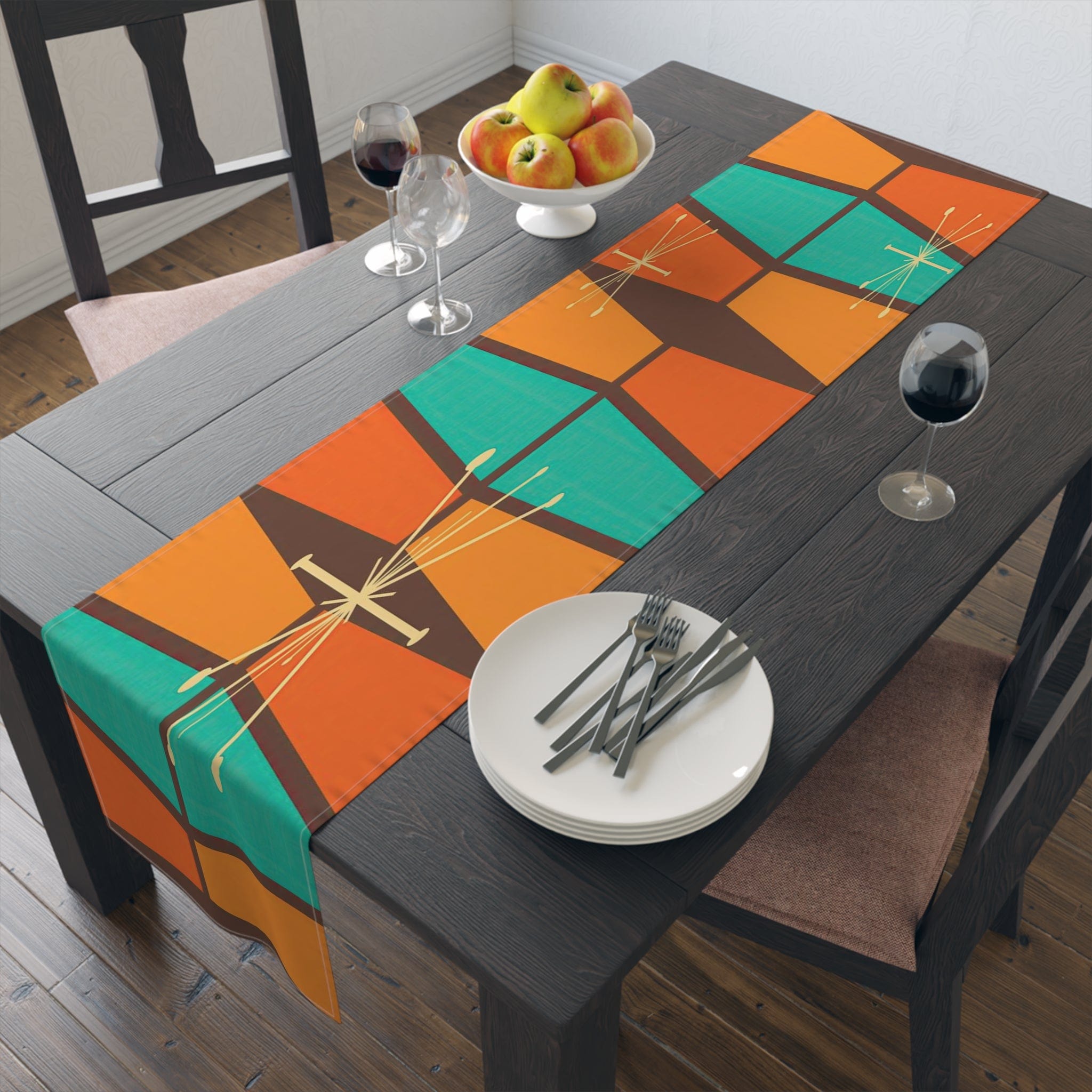 Kate McEnroe New York Atomic Starburst Mid Century Modern Table Runner, Retro 50s Vintage Style Burnt Orange, Teal, Mustard Yellow Geometric Abstract Table LinensTable Runners18602906657079395183