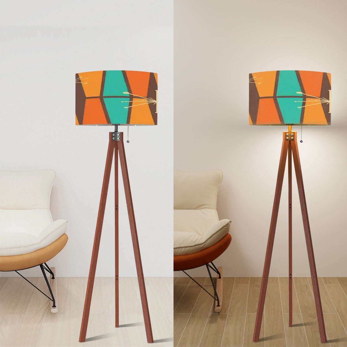 Kate McEnroe New York Atomic Starburst Mid Century Modern Tripod Floor Lamp, Retro 50s, Vintage Orange Teal Geometric Shade Accent LightingFloor Lampss0fNEN7jDu