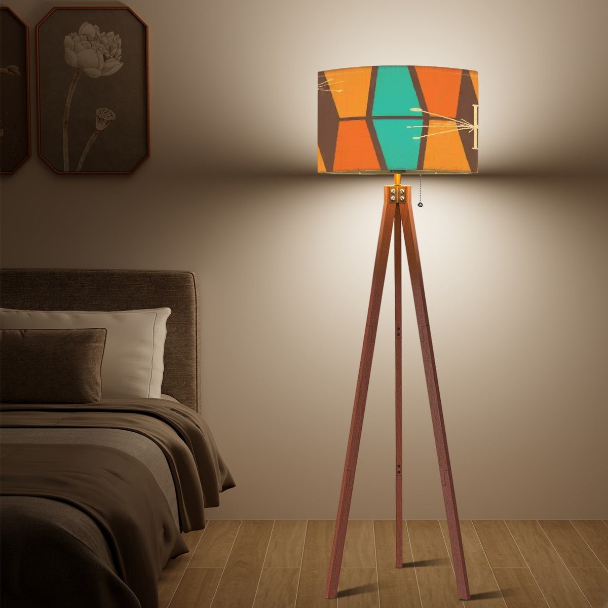 Kate McEnroe New York Atomic Starburst Mid Century Modern Tripod Floor Lamp, Retro 50s, Vintage Orange Teal Geometric Shade Accent LightingFloor Lampss0fNEN7jDu