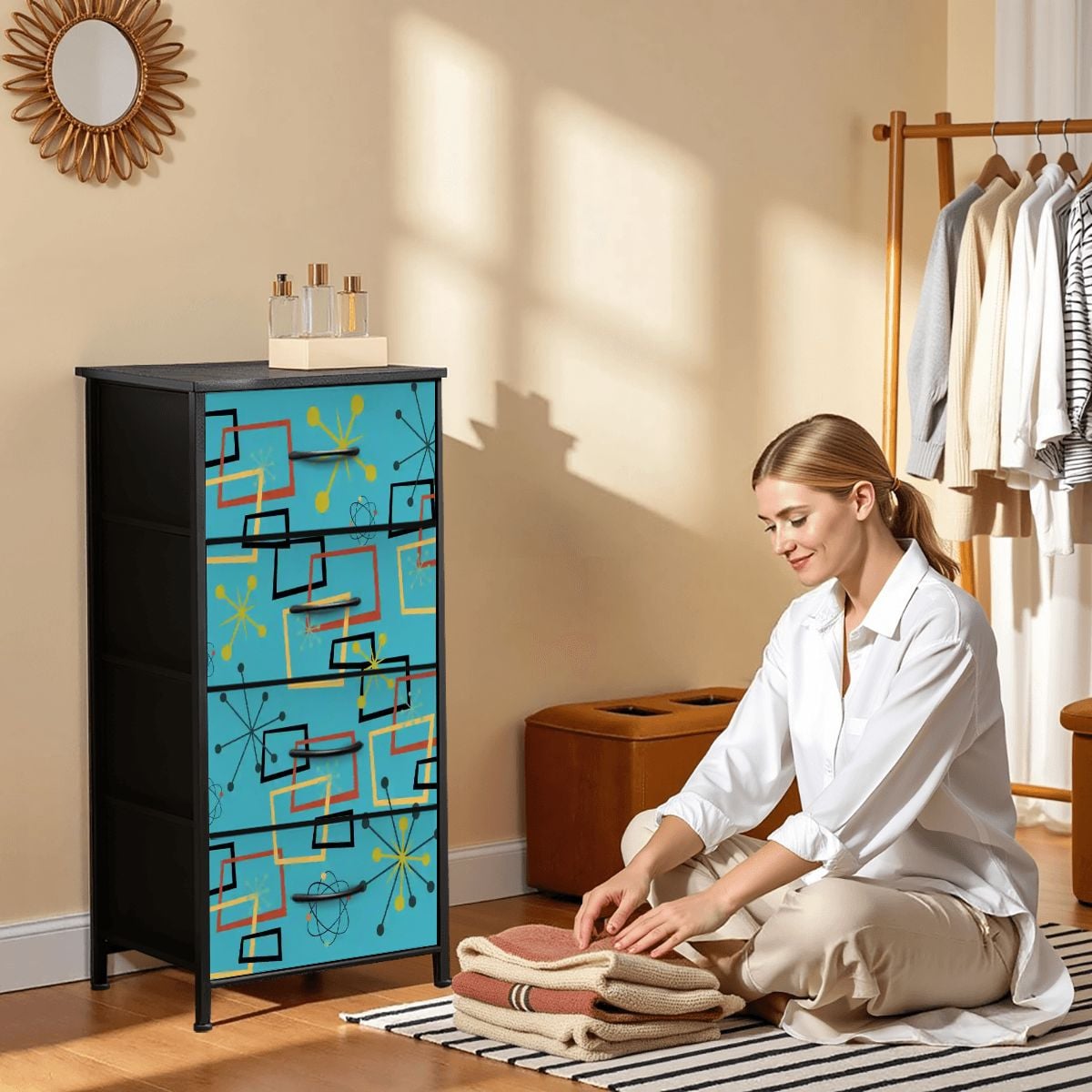 Kate McEnroe New York Atomic Starburst Sputnik Mid Century Modern Teal 4 Drawer DresserDressers1mnWYzPXyd