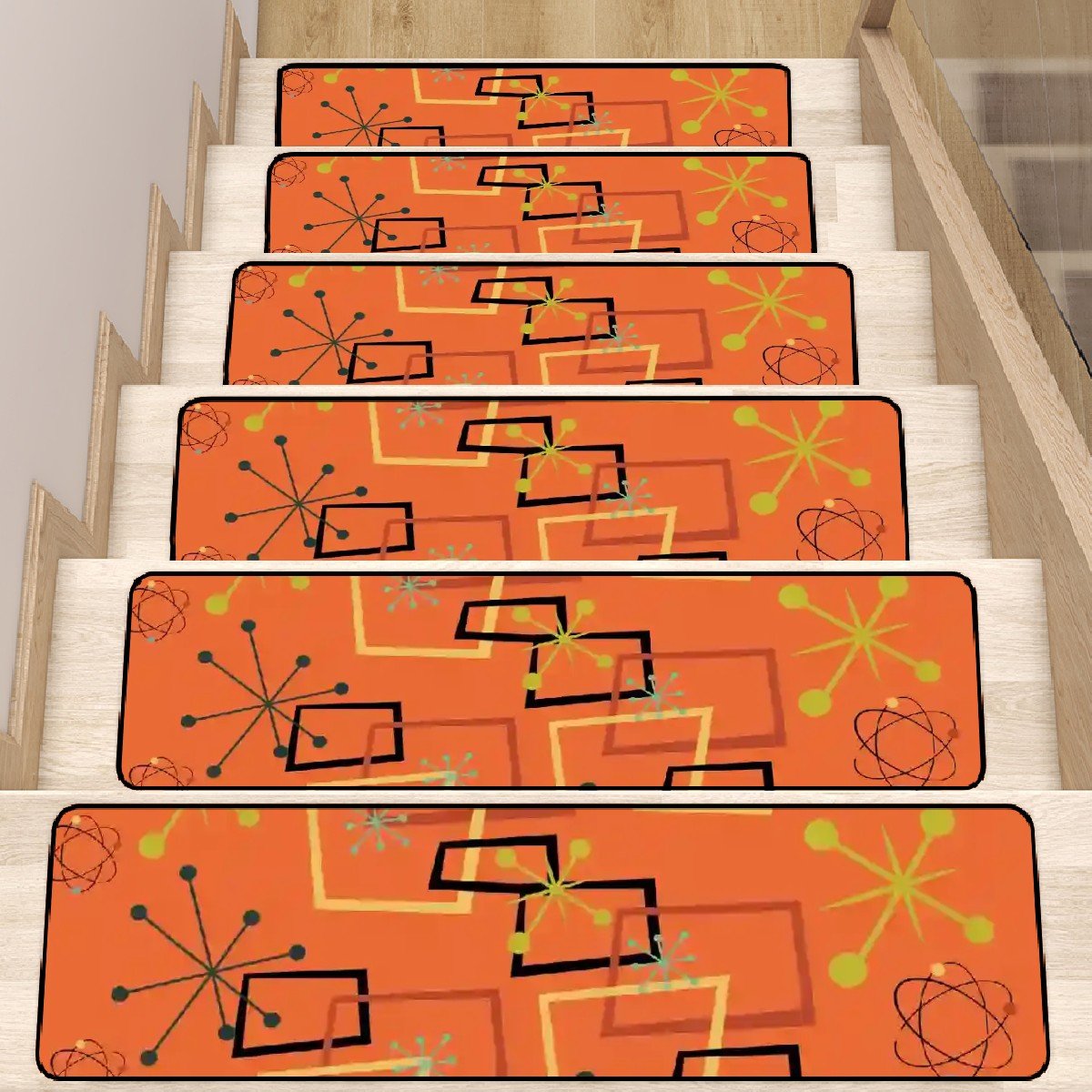 Kate McEnroe New York Atomic Starburst Stair Treads, Mid Century Modern Retro Orange MatsStair TreadsRJEpVTzwKJ