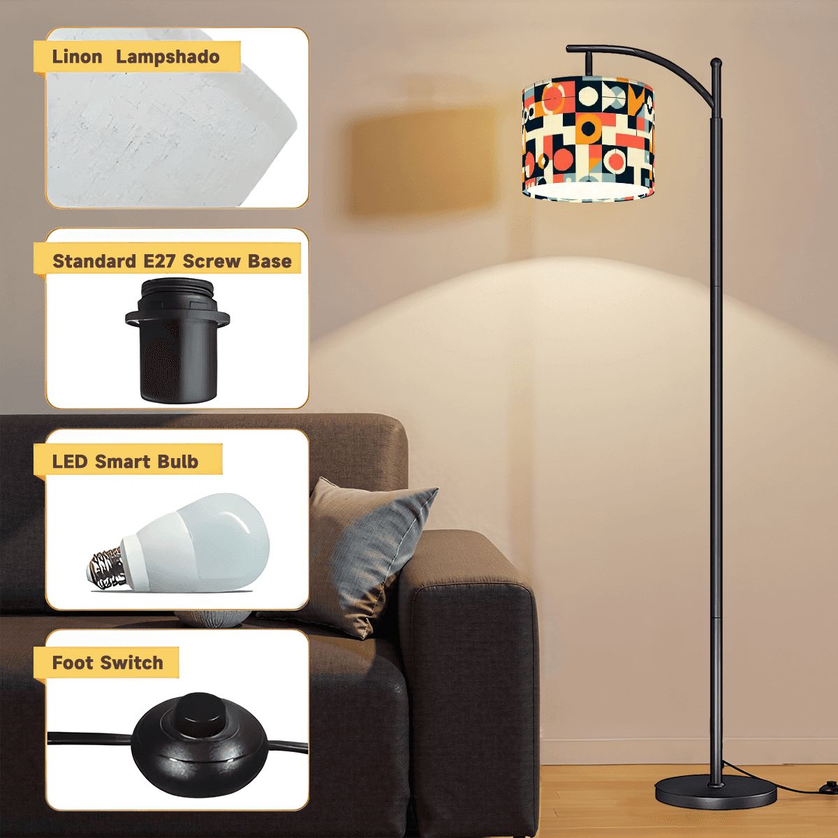 Kate McEnroe New York Bauhaus Arc Floor Lamp, Mid Century Modern Geometric Drum Shade, Retro Abstract Accent LightArc Floor LampsbU4gfG9r6s