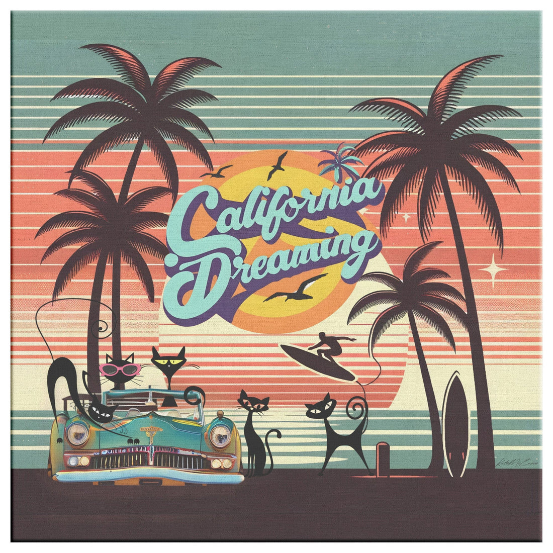 Kate McEnroe New York Beachfront Atomic Cats California Dreaming Retro Vintage West Coast Canvas Art Canvas Wall Art