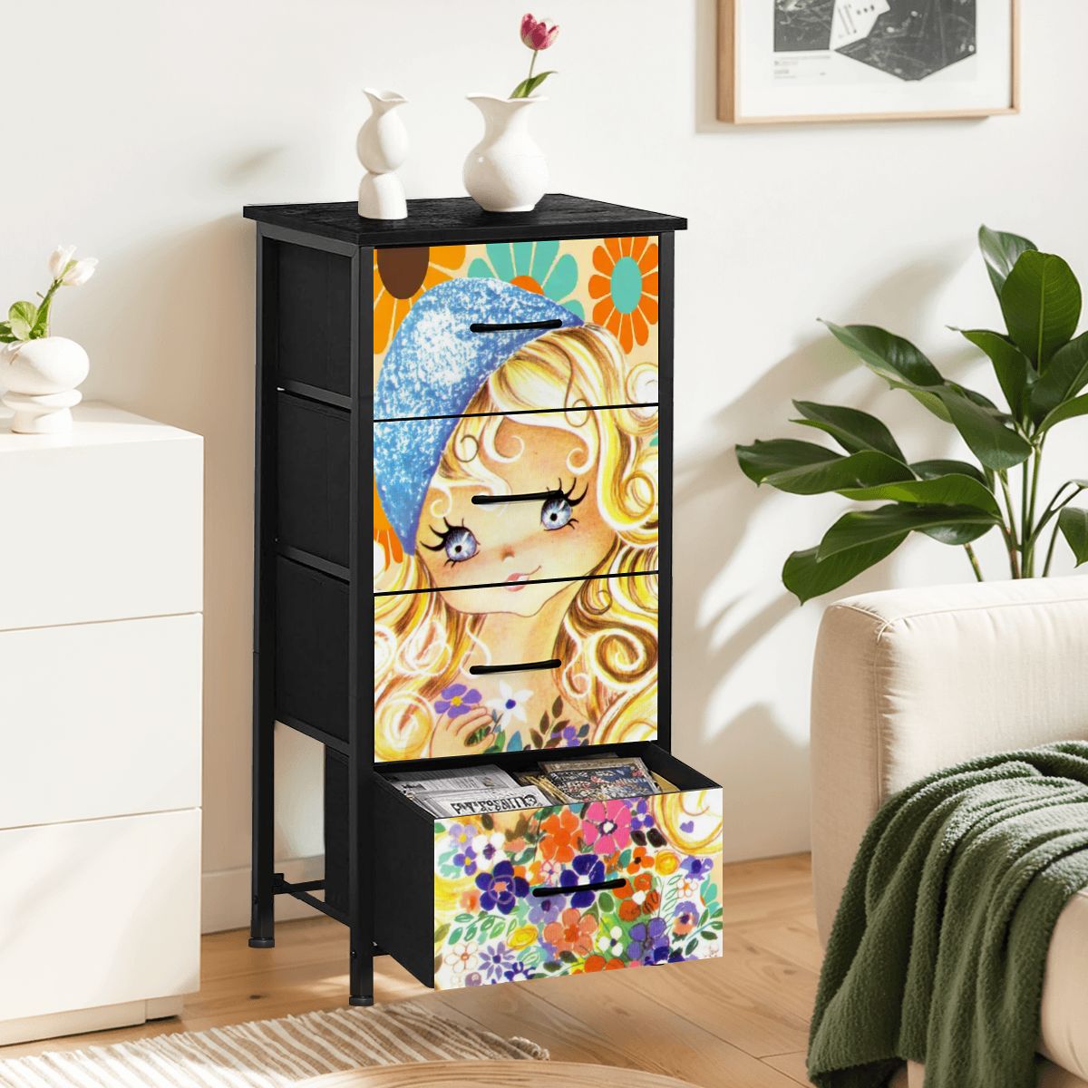 Big Eyed Girl Retro Vintage Tall Dresser, 70s Kitsch Flower Power Storage Chest Big Eyed Girl Retro Vintage Tall Dresser, 70s Kitsch Flower Power Storage Chest