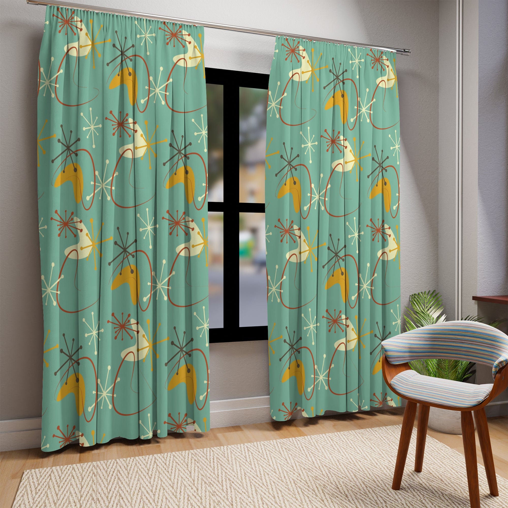 Kate McEnroe New York Blackout or Sheer Window Curtains In Mid Century Modern Atomic Retro 1950s BoomerangWindow CurtainsW30D - GRN - BMG - SH9
