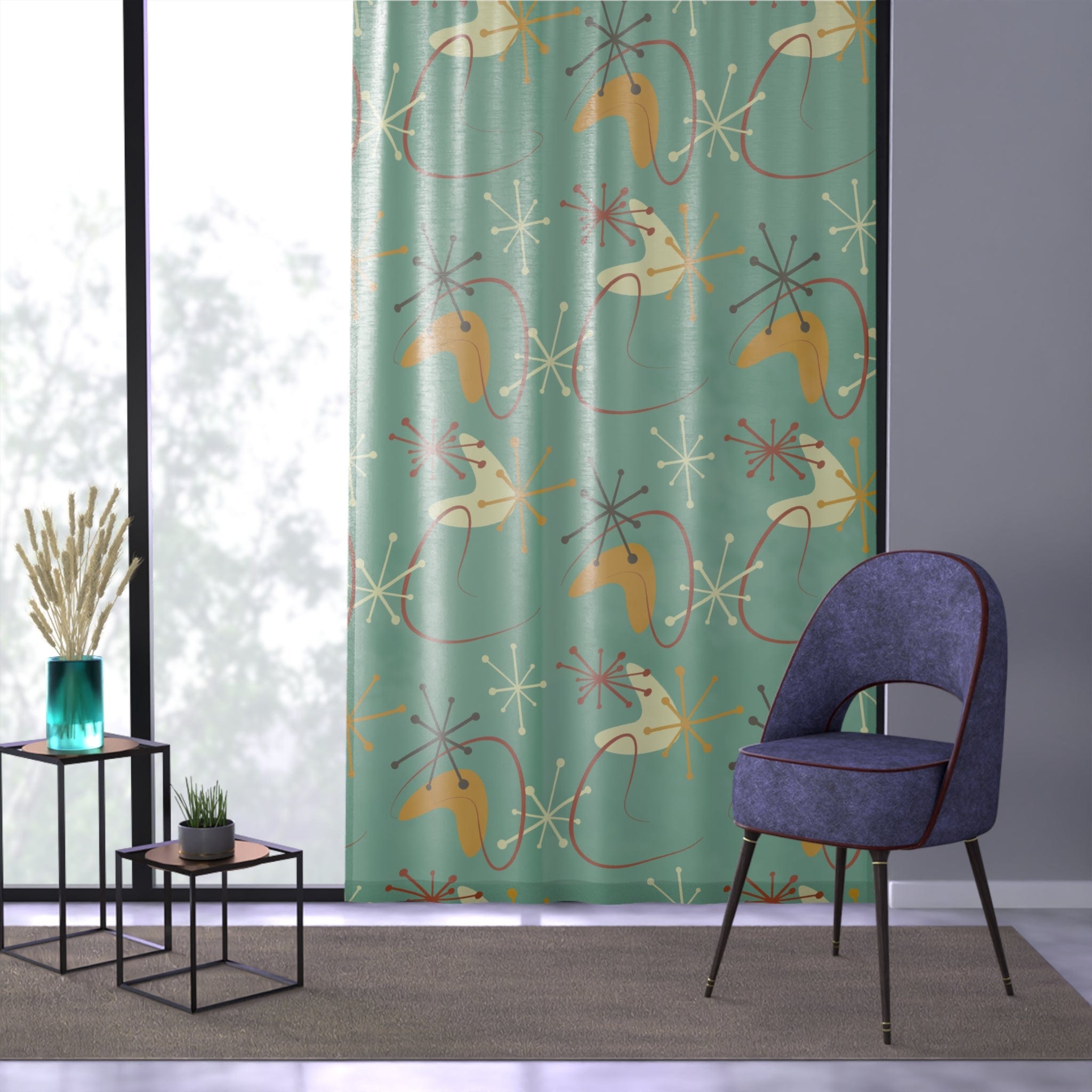 Kate McEnroe New York Blackout or Sheer Window Curtains In Mid Century Modern Atomic Retro 1950s BoomerangWindow CurtainsW30D - GRN - BMG - SH9