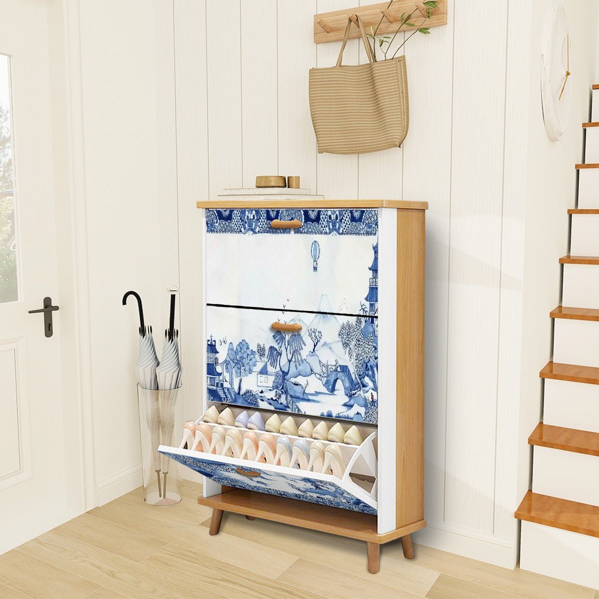 Kate McEnroe New York Blue Willow Chinoiserie Shoe Cabinet, Asian Inspired Storage Organizer, Vintage Pagoda Landscape FurnitureShoe StoragemewOeBULxg
