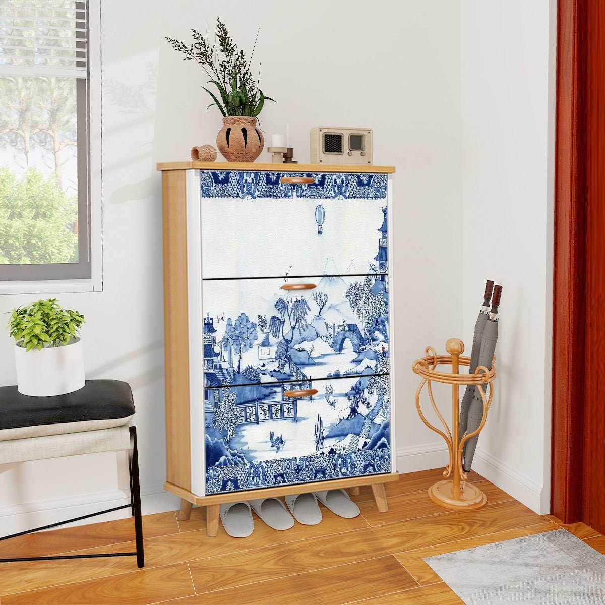 Kate McEnroe New York Blue Willow Chinoiserie Shoe Cabinet, Asian Inspired Storage Organizer, Vintage Pagoda Landscape FurnitureShoe StoragemewOeBULxg