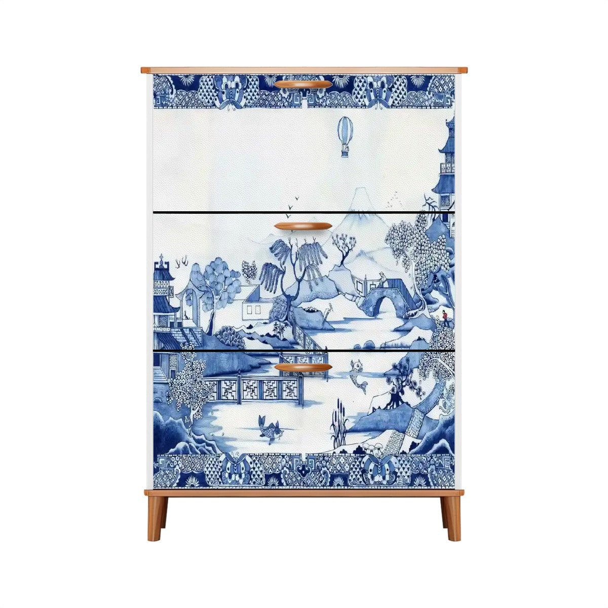 Kate McEnroe New York Blue Willow Chinoiserie Shoe Cabinet, Asian Inspired Storage Organizer, Vintage Pagoda Landscape FurnitureShoe StoragemewOeBULxg