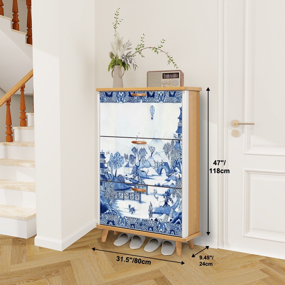 Kate McEnroe New York Blue Willow Chinoiserie Shoe Cabinet, Asian Inspired Storage Organizer, Vintage Pagoda Landscape FurnitureShoe StoragemewOeBULxg