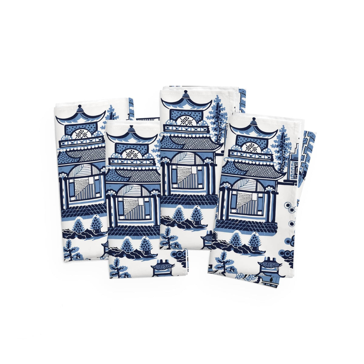 Kate McEnroe New York Blue Willow Pagoda Cloth Napkins, Set of 4, Traditional Blue White Asian Scene Dining Table DecorNapkins28688040369189658596