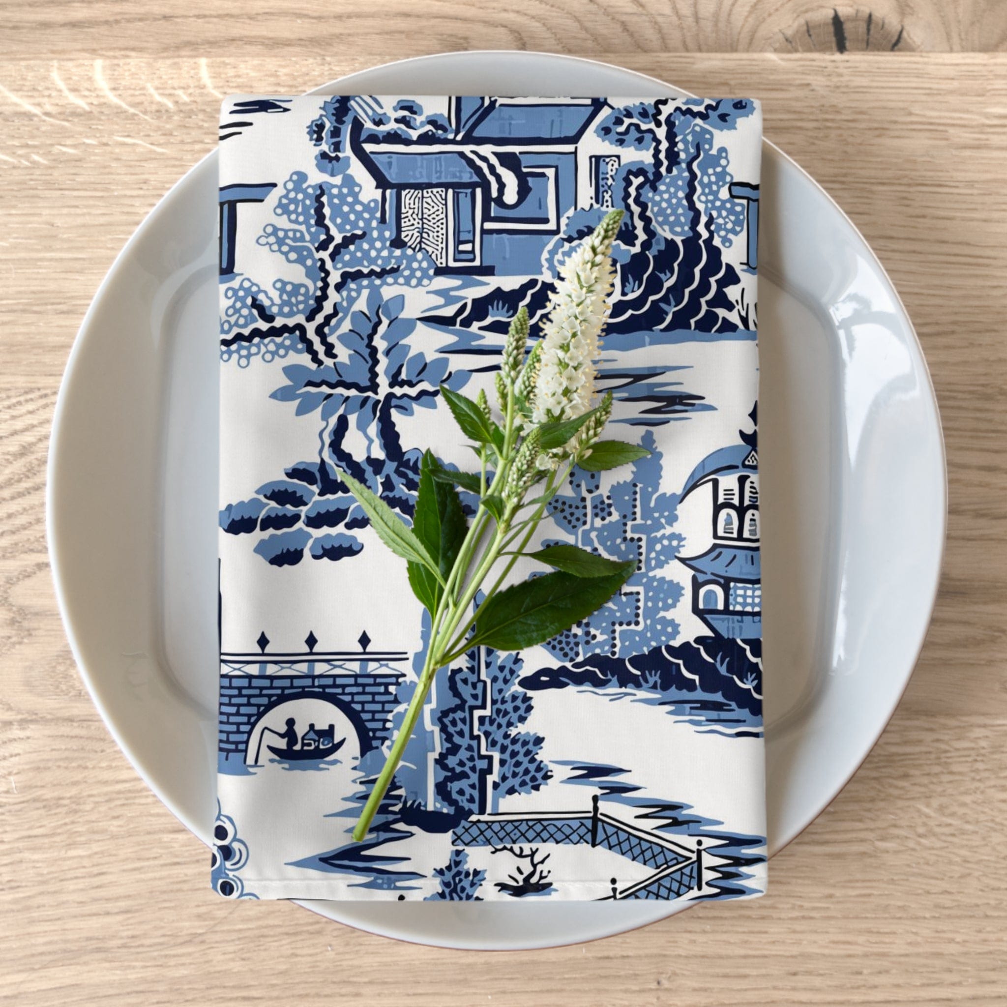 Kate McEnroe New York Blue Willow Pagoda Cloth Napkins, Set of 4, Traditional Blue White Asian Scene Dining Table DecorNapkins28688040369189658596
