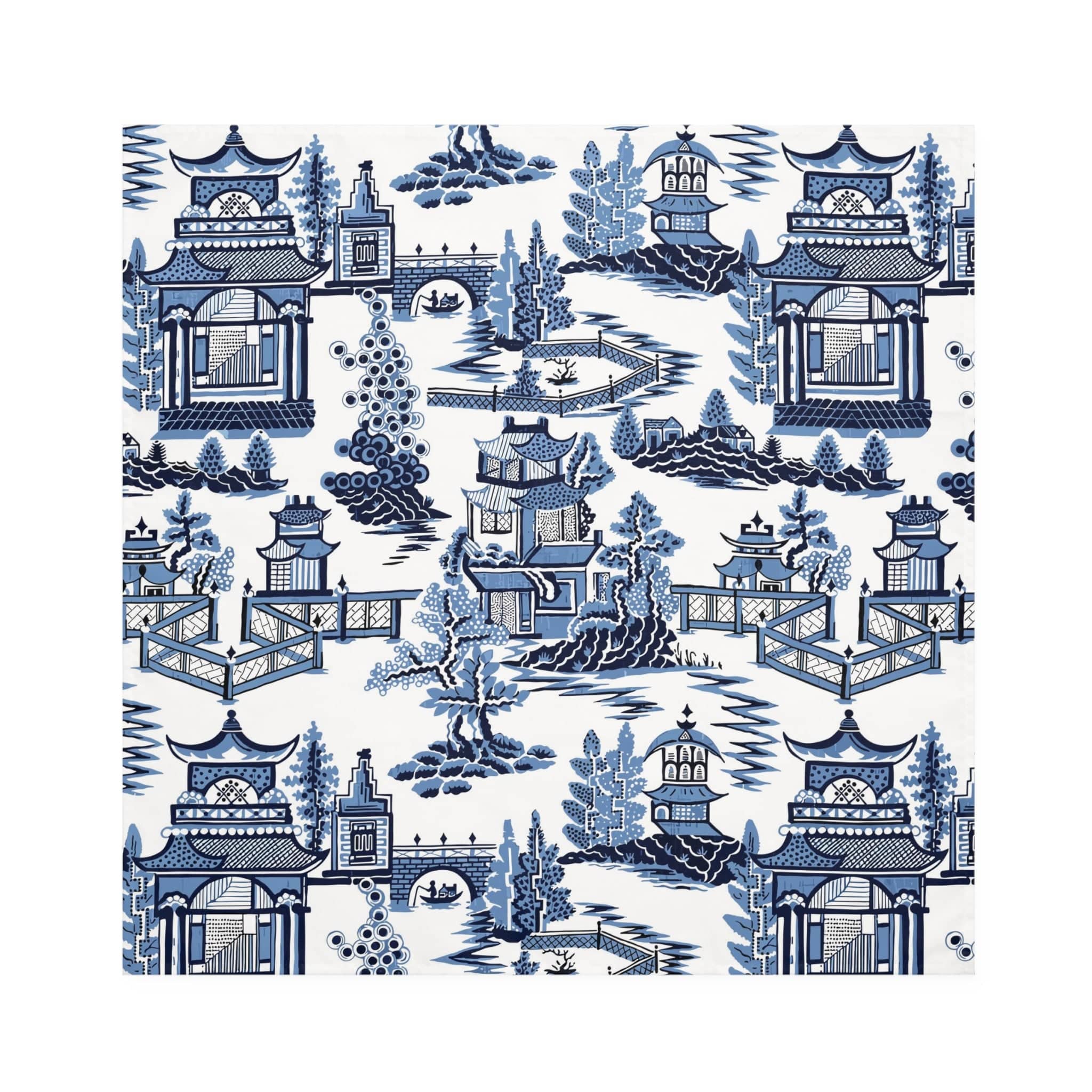 Kate McEnroe New York Blue Willow Pagoda Cloth Napkins, Set of 4, Traditional Blue White Asian Scene Dining Table DecorNapkins28688040369189658596