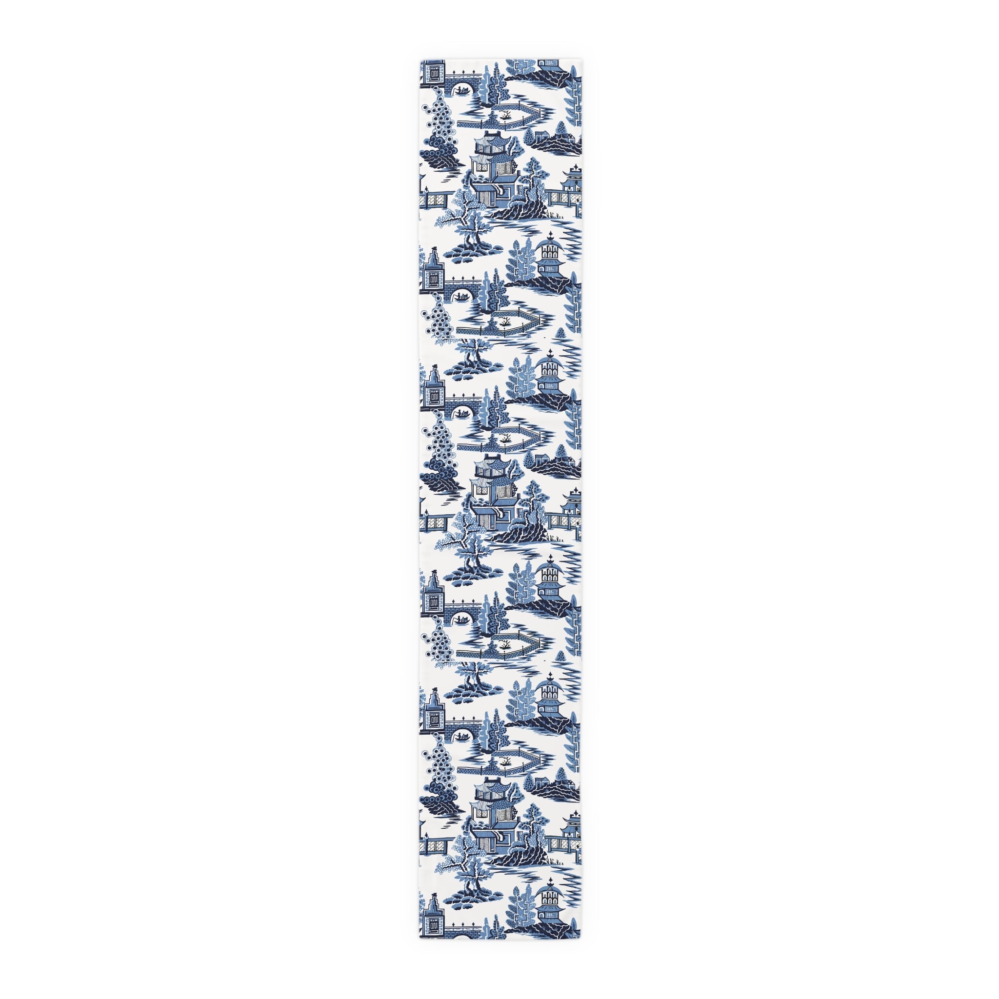 Kate McEnroe New York Blue Willow Pagoda Table Runner, Traditional Blue White Asian Scene Dining Table LinensTable Runners54814726423059640938