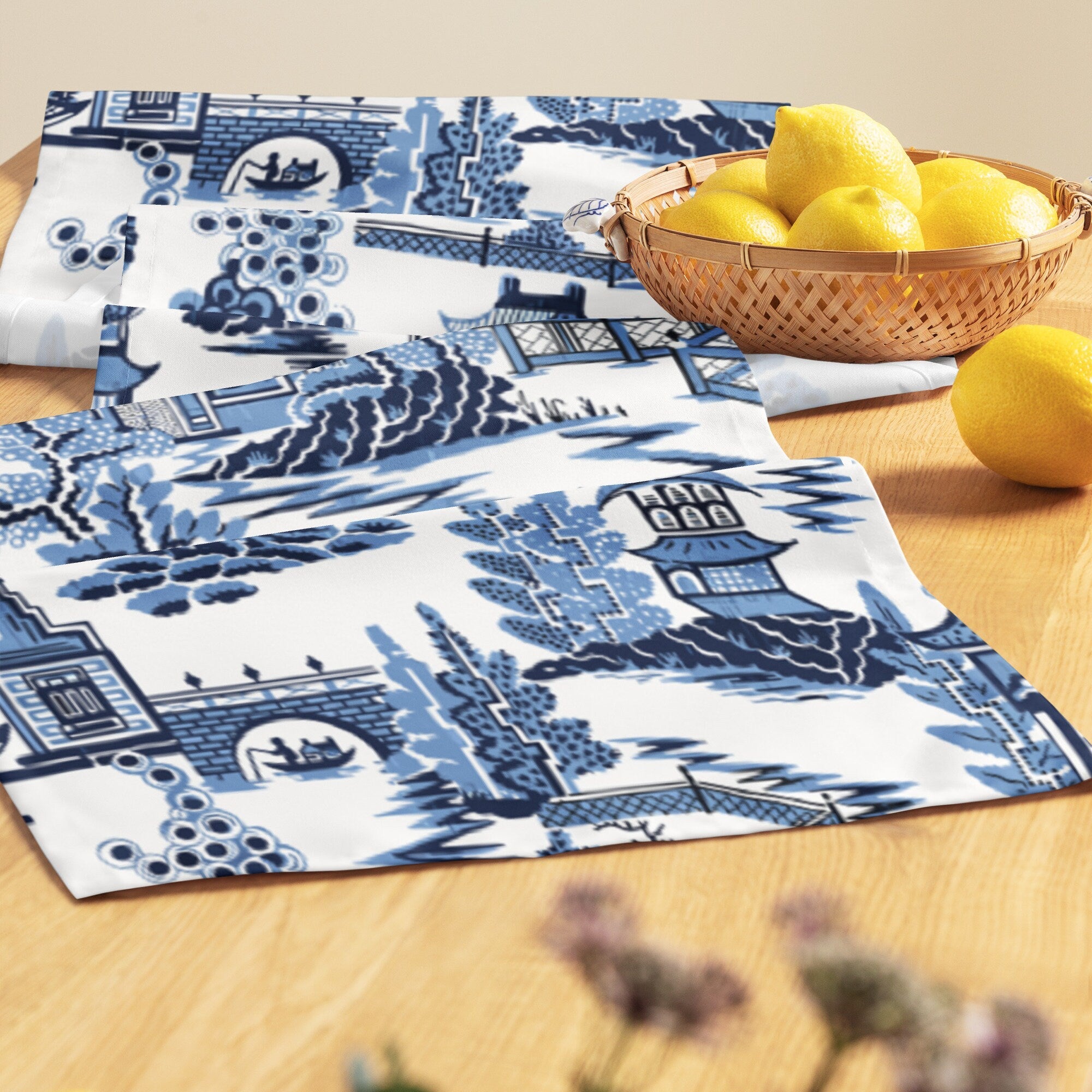 Kate McEnroe New York Blue Willow Pagoda Table Runner, Traditional Blue White Asian Scene Dining Table LinensTable Runners54814726423059640938