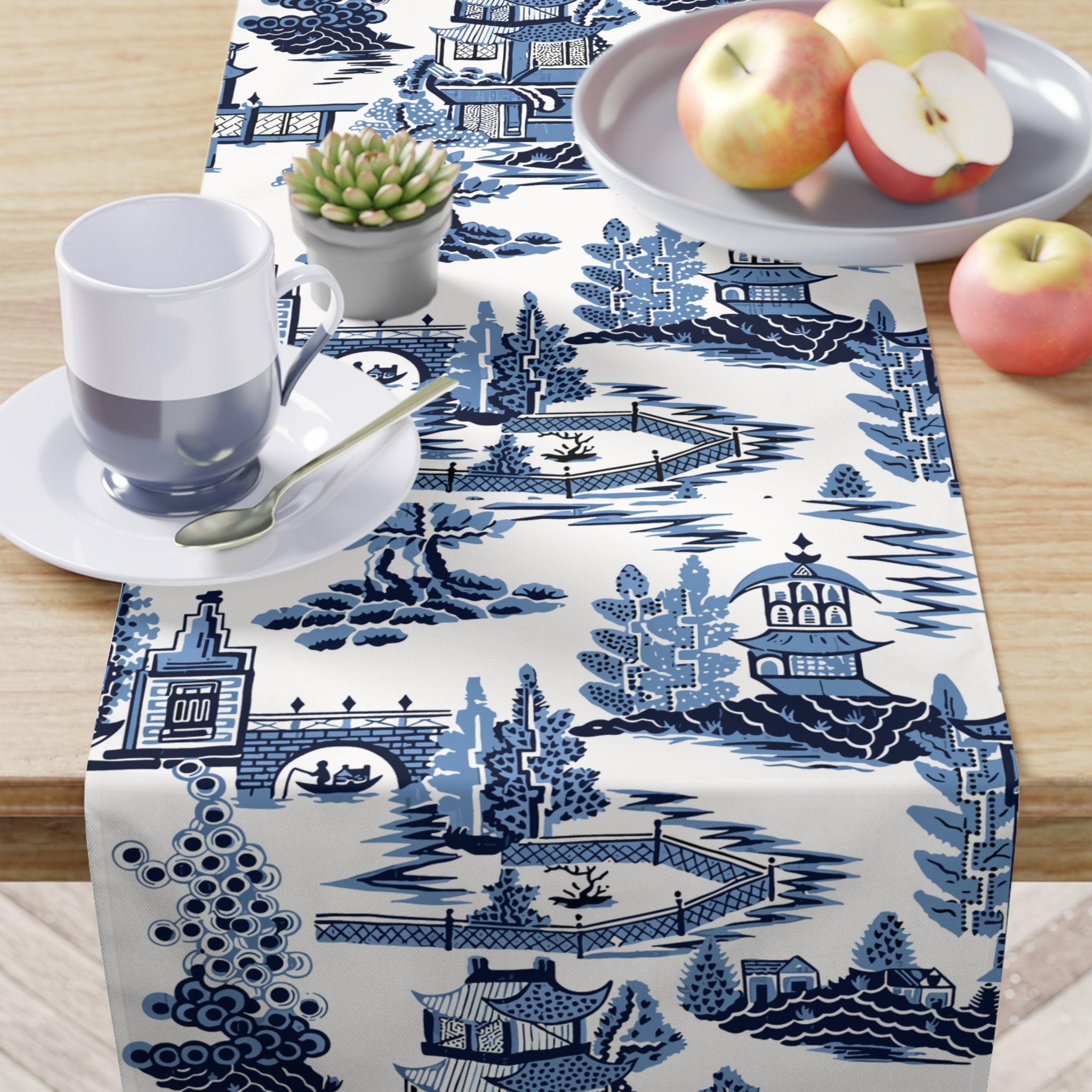 Kate McEnroe New York Blue Willow Pagoda Table Runner, Traditional Blue White Asian Scene Dining Table LinensTable Runners54814726423059640938