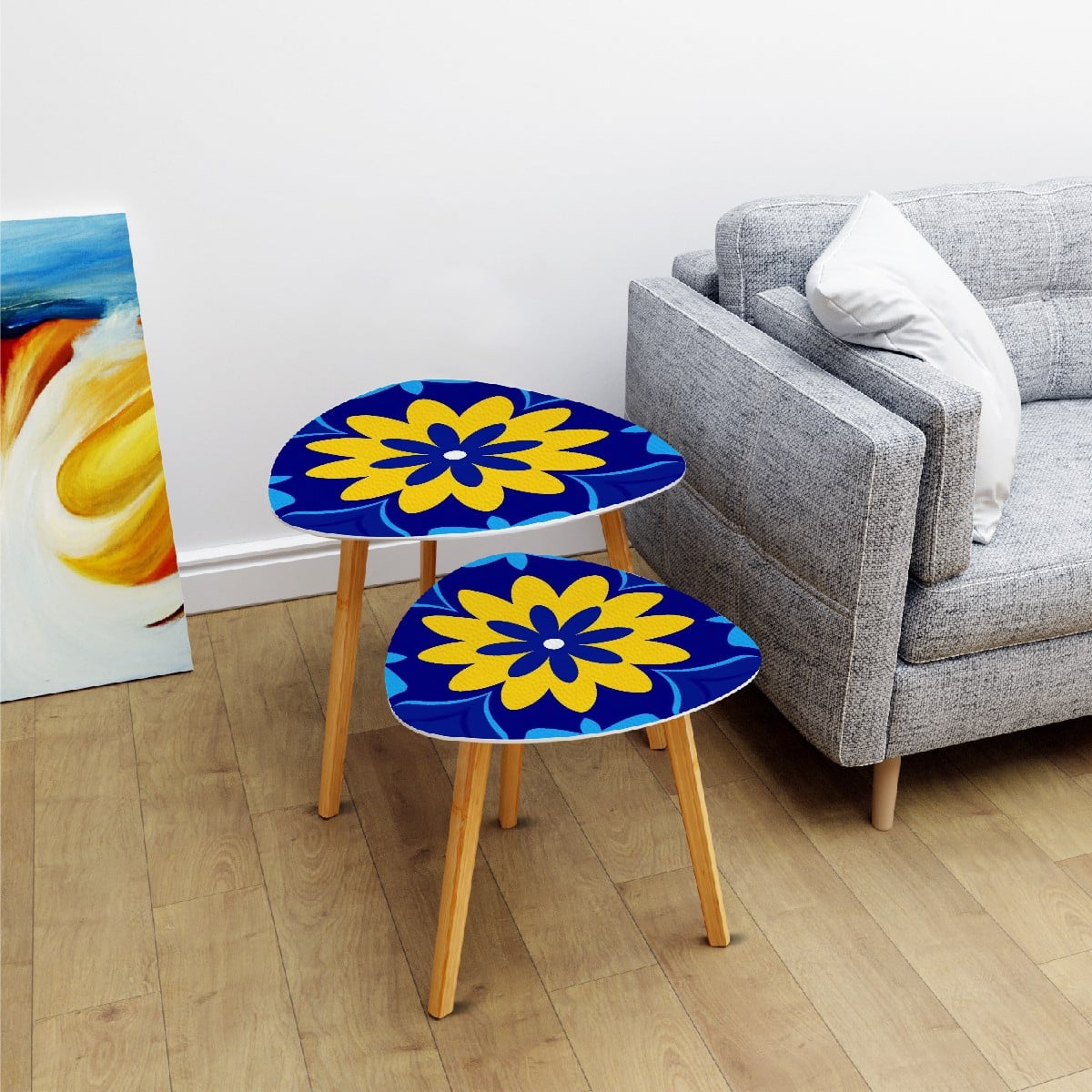 Kate McEnroe New York Bold Graphic Daisy 1960s Mod Cobalt Blue Yellow Floral Nesting TablesNesting Tables466SfLPcHE