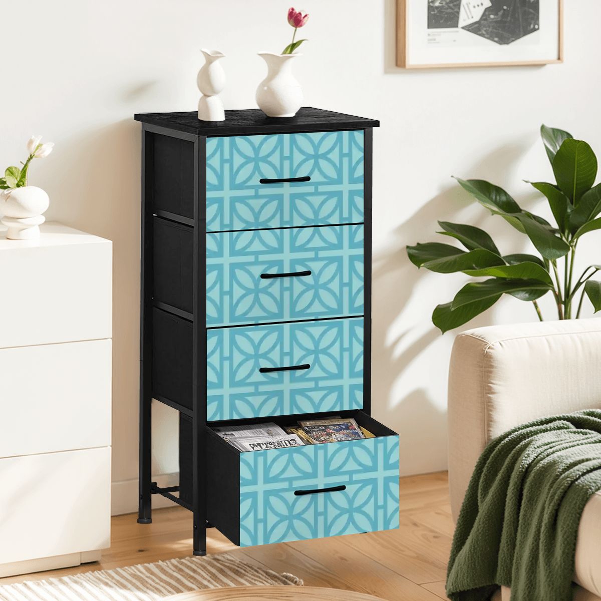 Breeze Block Dresser, Mid Century Modern 4 Drawer Chest Blue Geometric Breeze Block Dresser, Mid Century Modern 4 Drawer Chest Blue Geometric