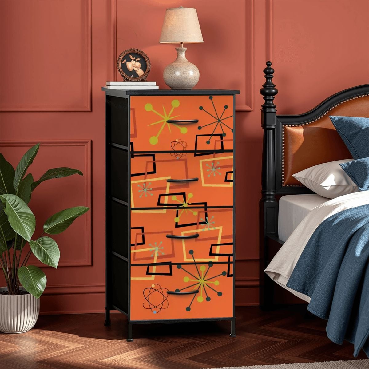 Kate McEnroe New York Burnt Orange Geometric Starburst Retro Mid Century Modern 4 Drawer DresserDressersrs4ZS7KH3d