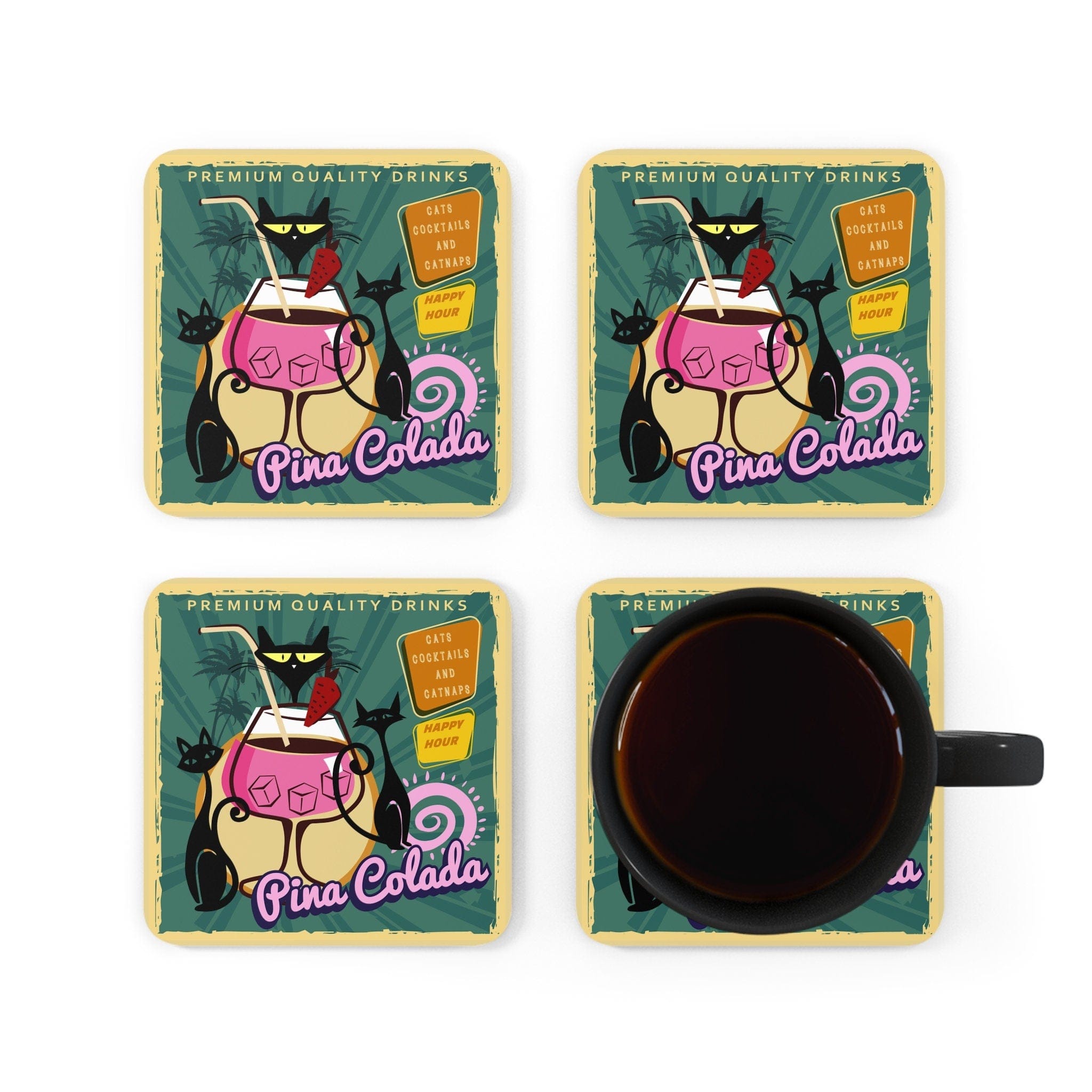Kate McEnroe New York Cats, Cocktails & Catnaps 1950s Cork Coaster Set, Midcentury Diner Atomic Cat Print, Set of 4 - KM13759823Coasters27195992316971150189