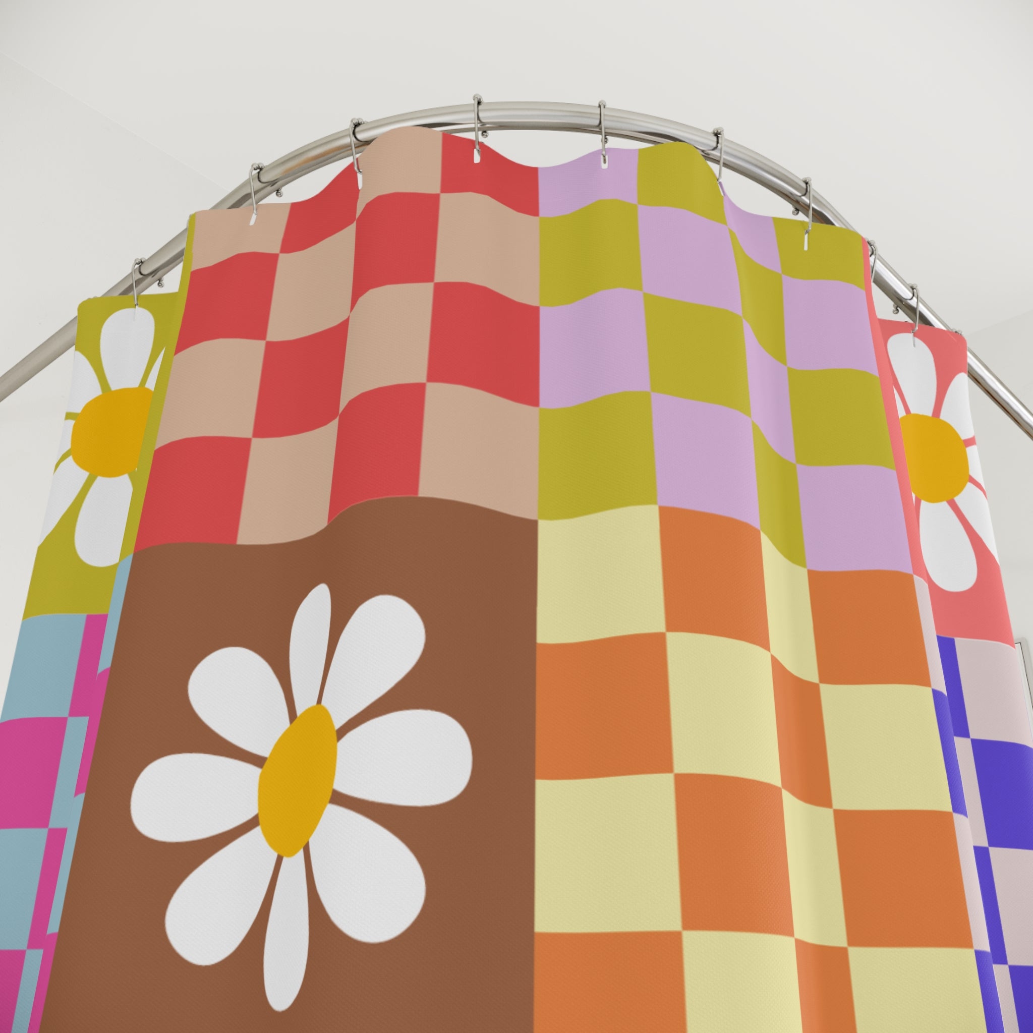 Kate McEnroe New York Checkered Floral Mid Century Modern Shower Curtains, Groovy Hippie Flower Power Bathroom DecorShower Curtains42975339911061288679