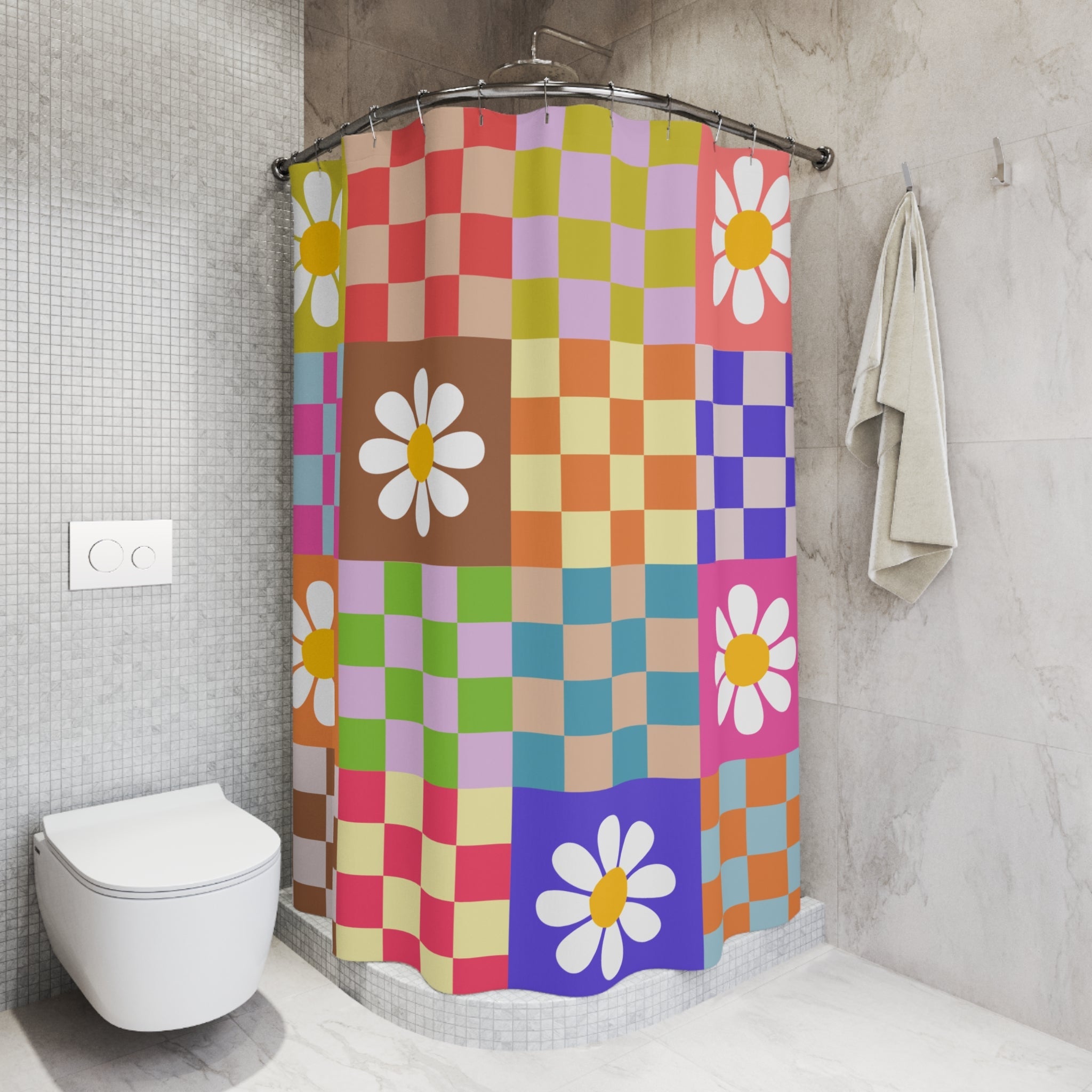 Kate McEnroe New York Checkered Floral Mid Century Modern Shower Curtains, Groovy Hippie Flower Power Bathroom DecorShower Curtains42975339911061288679