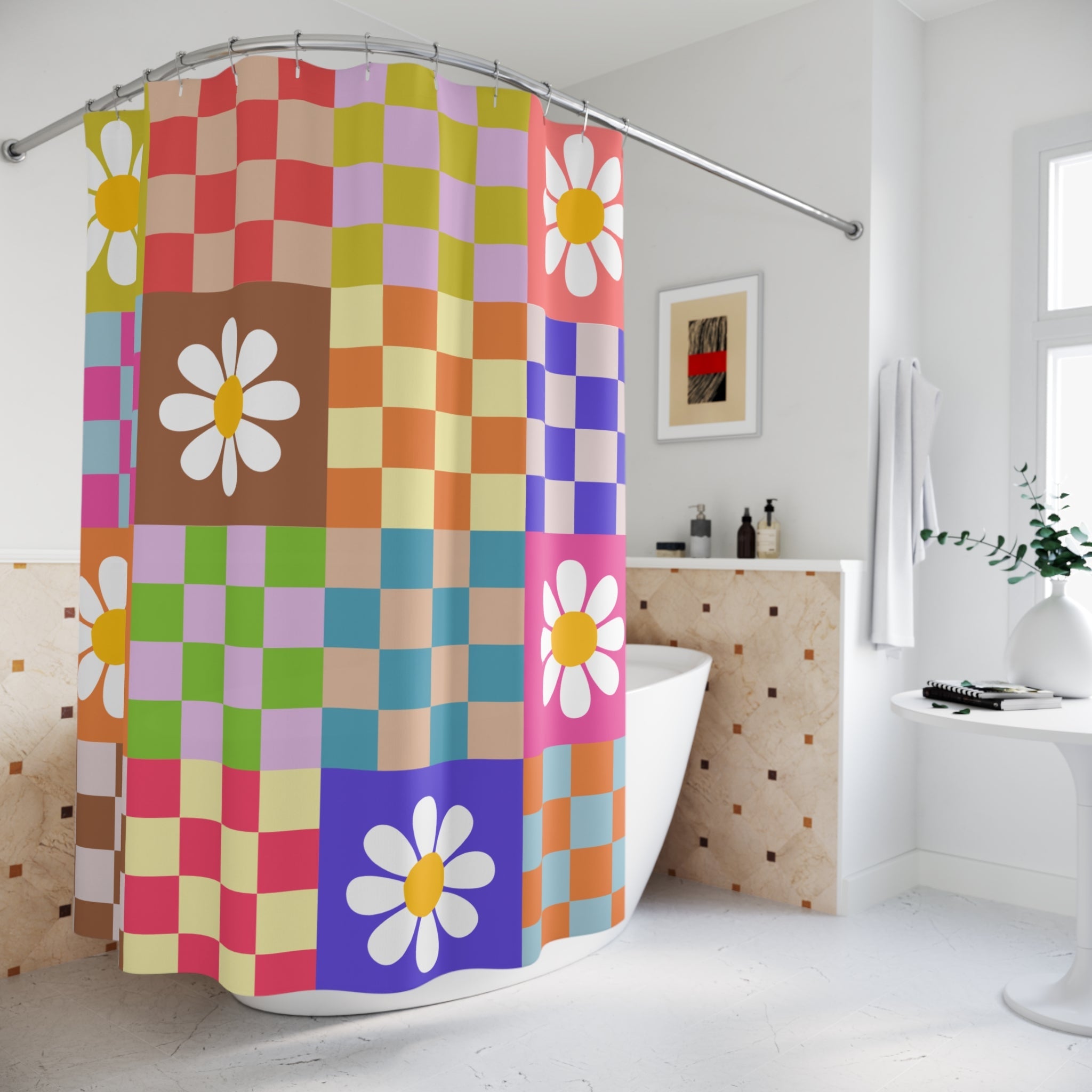 Kate McEnroe New York Checkered Floral Mid Century Modern Shower Curtains, Groovy Hippie Flower Power Bathroom DecorShower Curtains42975339911061288679