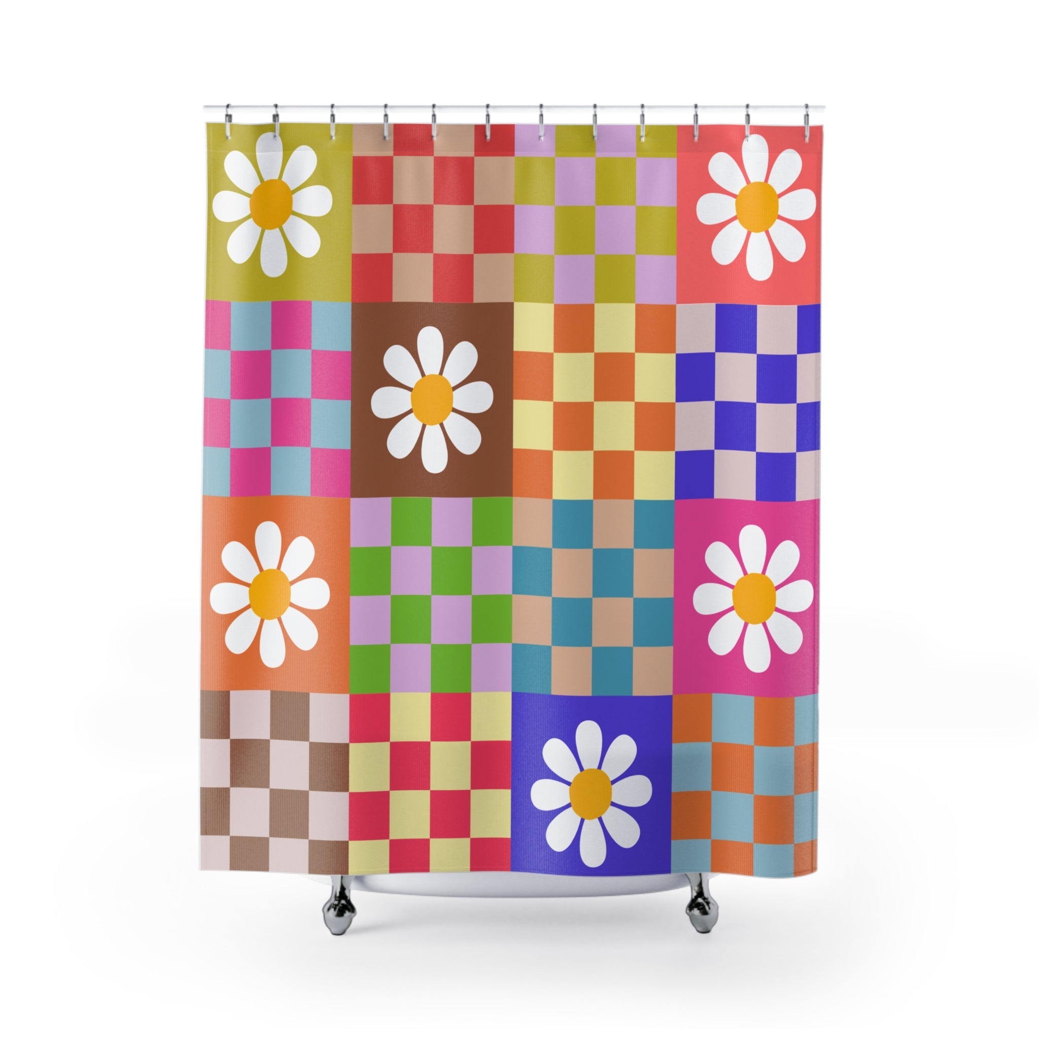 Kate McEnroe New York Checkered Floral Mid Century Modern Shower Curtains, Groovy Hippie Flower Power Bathroom DecorShower Curtains42975339911061288679