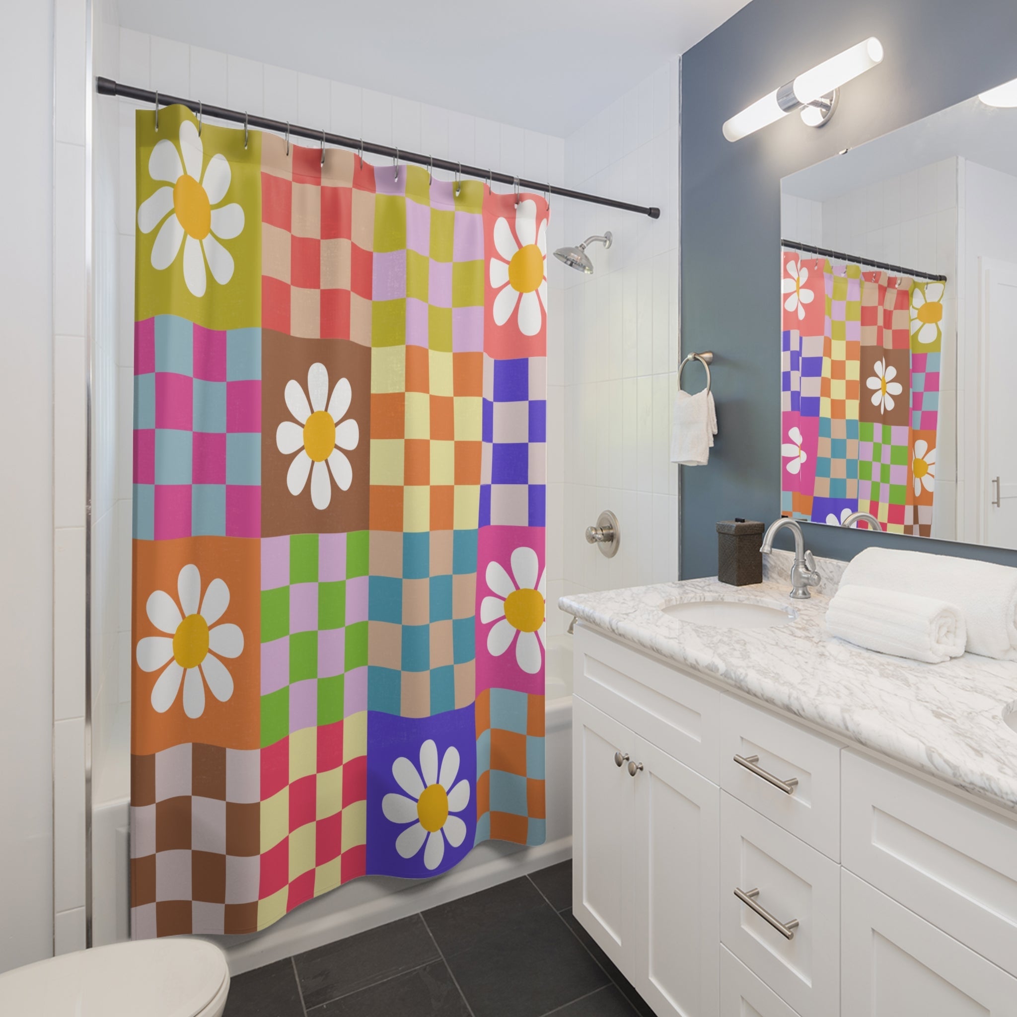 Kate McEnroe New York Checkered Floral Mid Century Modern Shower Curtains, Groovy Hippie Flower Power Bathroom DecorShower Curtains42975339911061288679