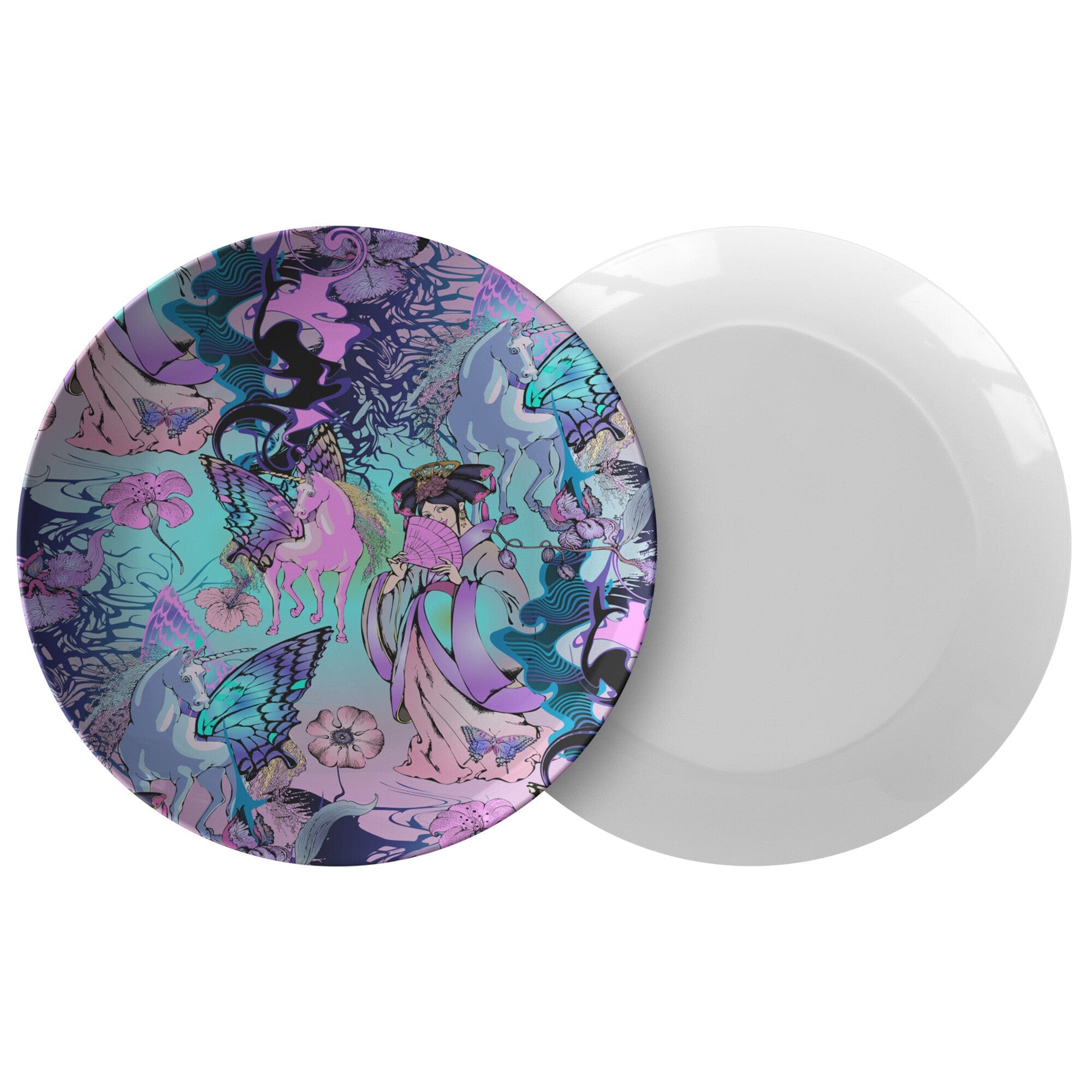 Kate McEnroe New York Chinese Folklore Art Floral Dinner Plates, Unicorns Fairies and GeishasPlatesP22 - CFL - GEI - 2S