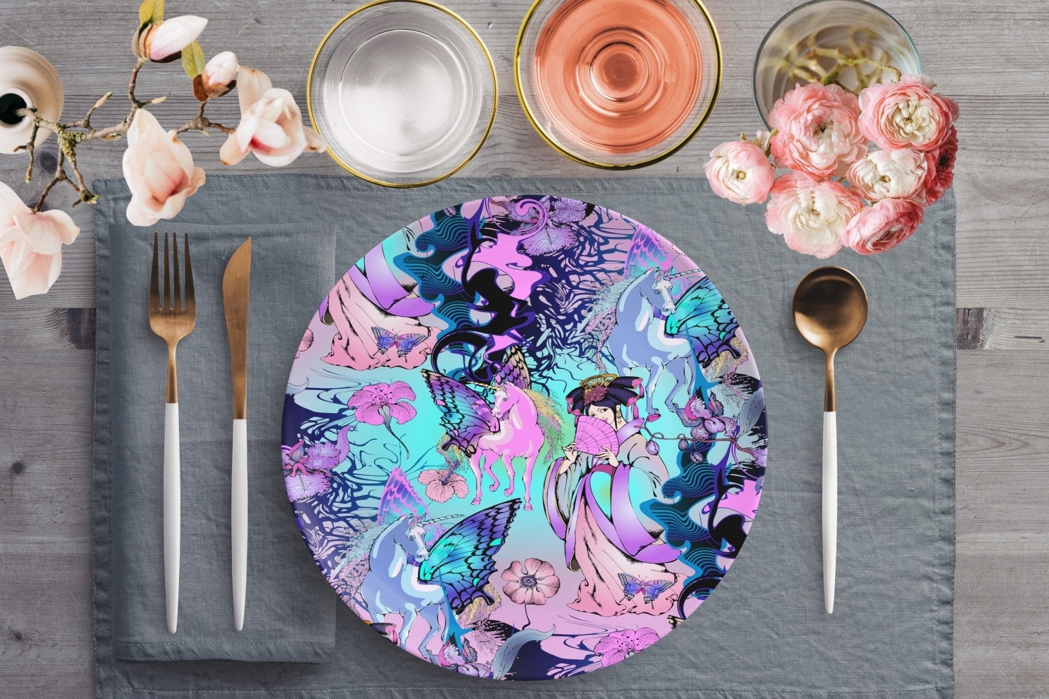 Kate McEnroe New York Chinese Folklore Art Floral Dinner Plates, Unicorns Fairies and GeishasPlatesP22 - CFL - GEI - 2S