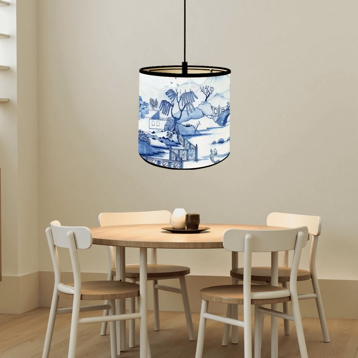 Kate McEnroe New York Chinoiserie Bamboo Drum Lampshade, Blue Willow Landscape Light Cover, Elegant Oriental Table Lamp ShadeLamp ShadesUSIguvdMJt