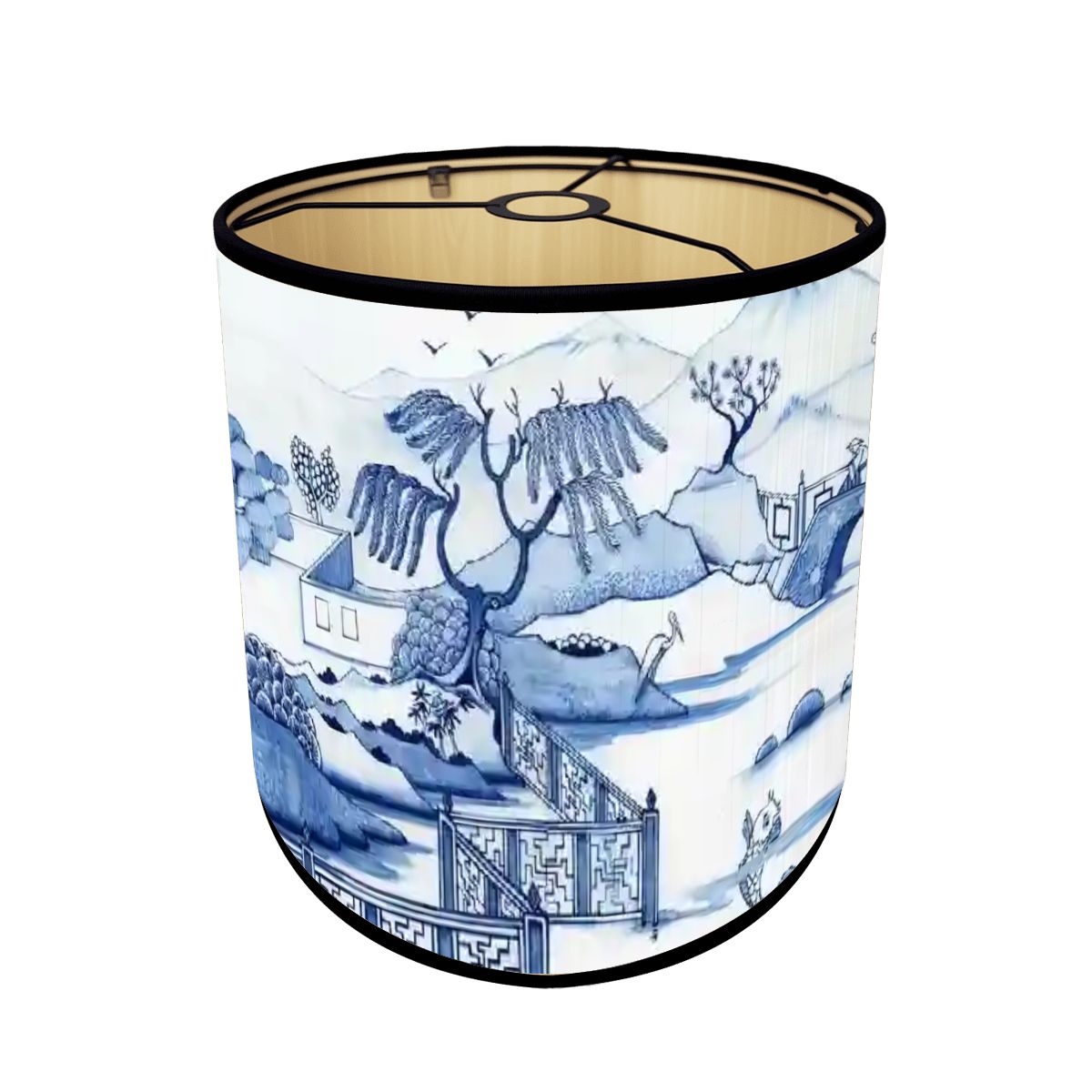 Kate McEnroe New York Chinoiserie Bamboo Drum Lampshade, Blue Willow Landscape Light Cover, Elegant Oriental Table Lamp ShadeLamp ShadesUSIguvdMJt