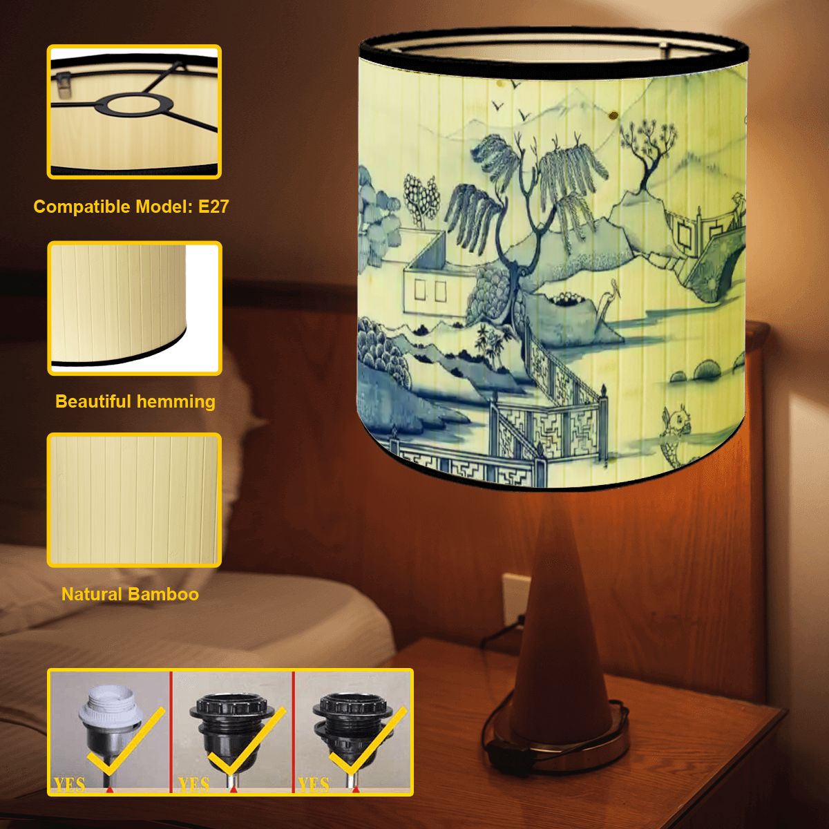 Kate McEnroe New York Chinoiserie Bamboo Drum Lampshade, Blue Willow Landscape Light Cover, Elegant Oriental Table Lamp ShadeLamp ShadesUSIguvdMJt