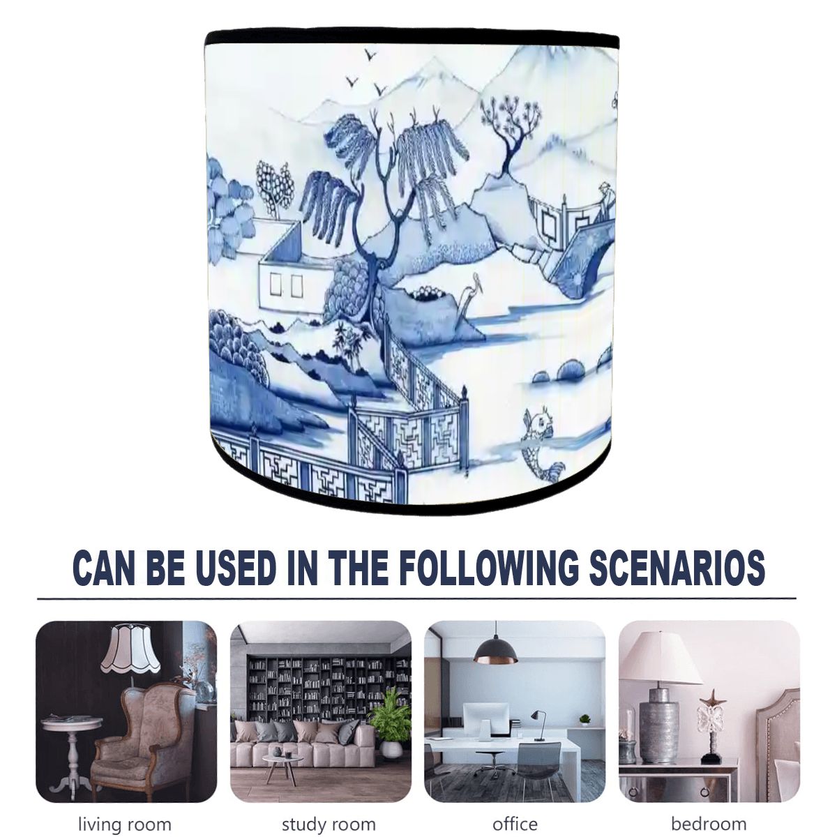 Kate McEnroe New York Chinoiserie Bamboo Drum Lampshade, Blue Willow Landscape Light Cover, Elegant Oriental Table Lamp ShadeLamp ShadesUSIguvdMJt