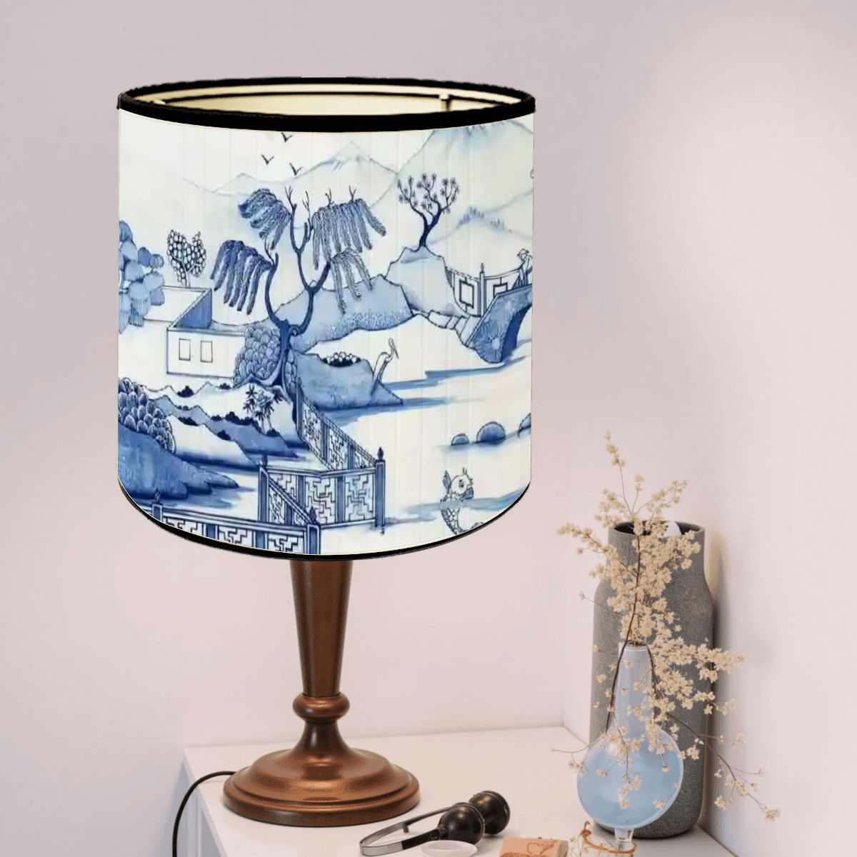 Kate McEnroe New York Chinoiserie Bamboo Drum Lampshade, Blue Willow Landscape Light Cover, Elegant Oriental Table Lamp ShadeLamp ShadesUSIguvdMJt